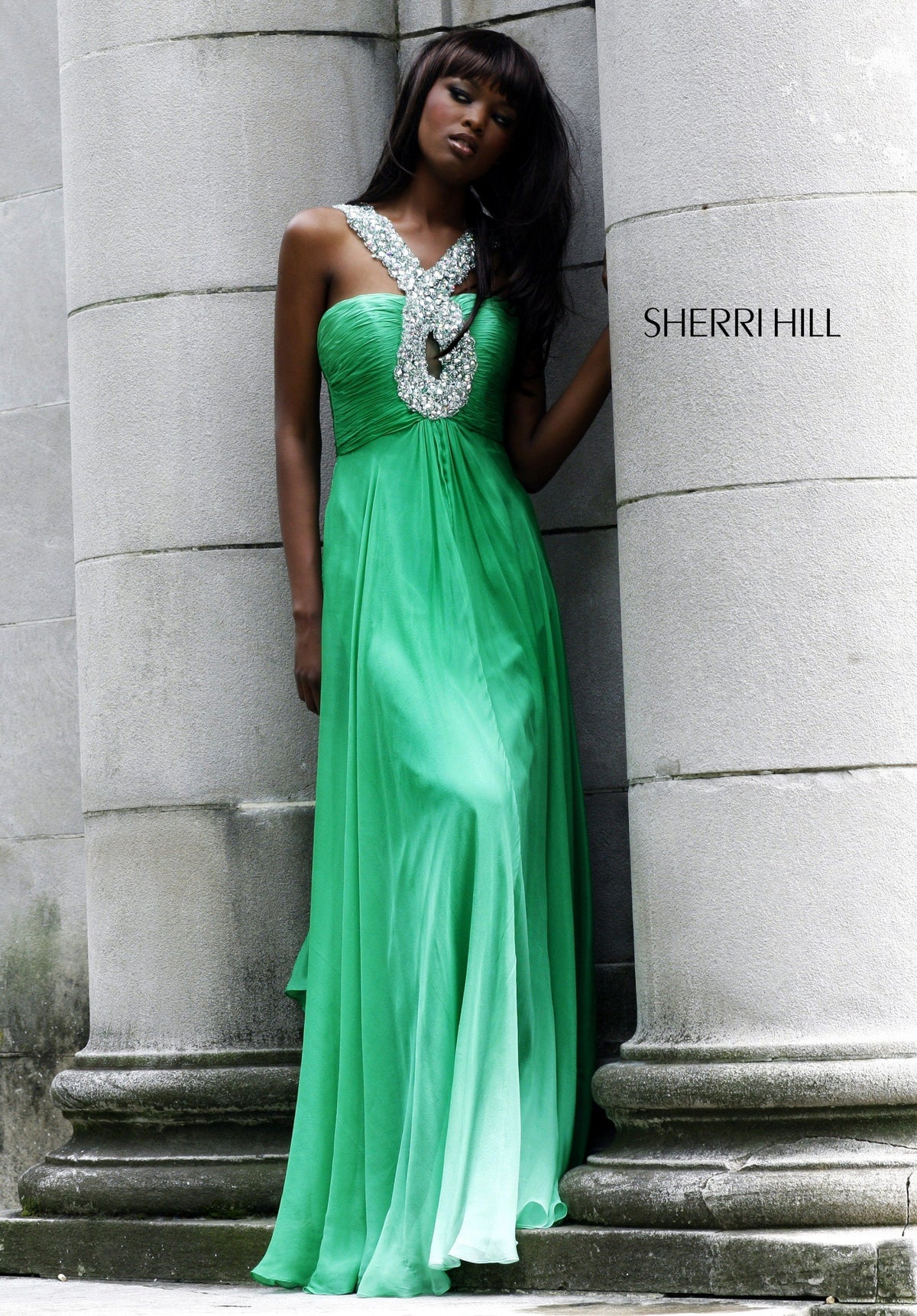 Sherri Hill 7201 halter beaded ombré chiffon gown in green ombre