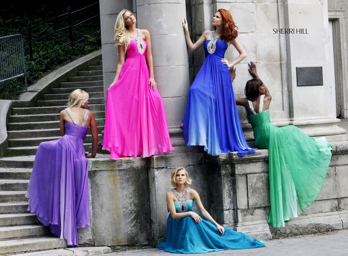 Sherri Hill 7201 halter beaded ombré chiffon gown in pink