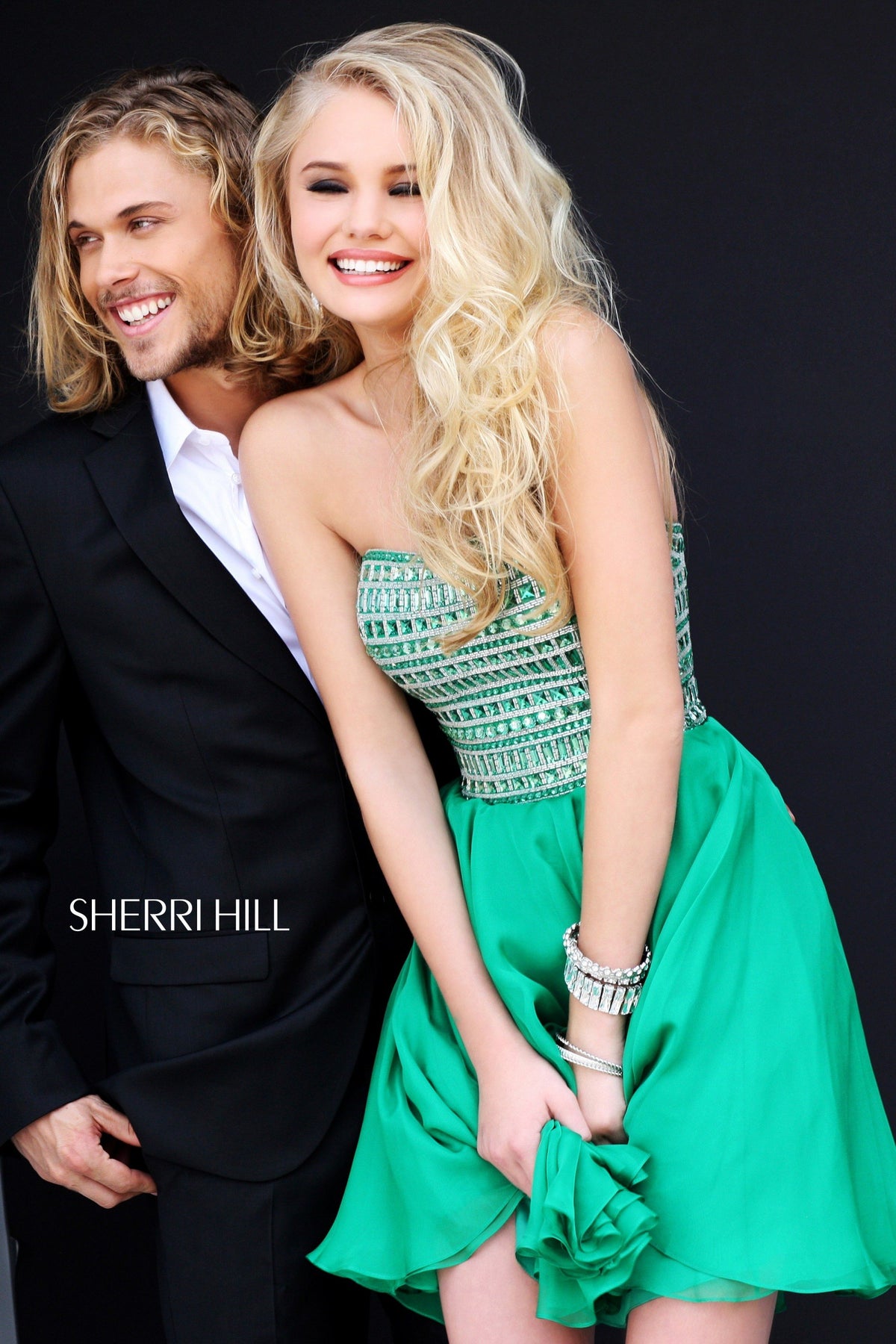Sherri Hill 11028 strapless beaded cocktail dress in emerald