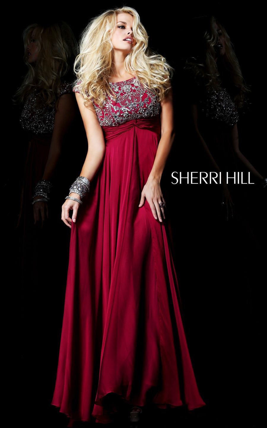 Sherri Hill style 21037 in wine/silver, Beaded Bodice Chiffon Gown