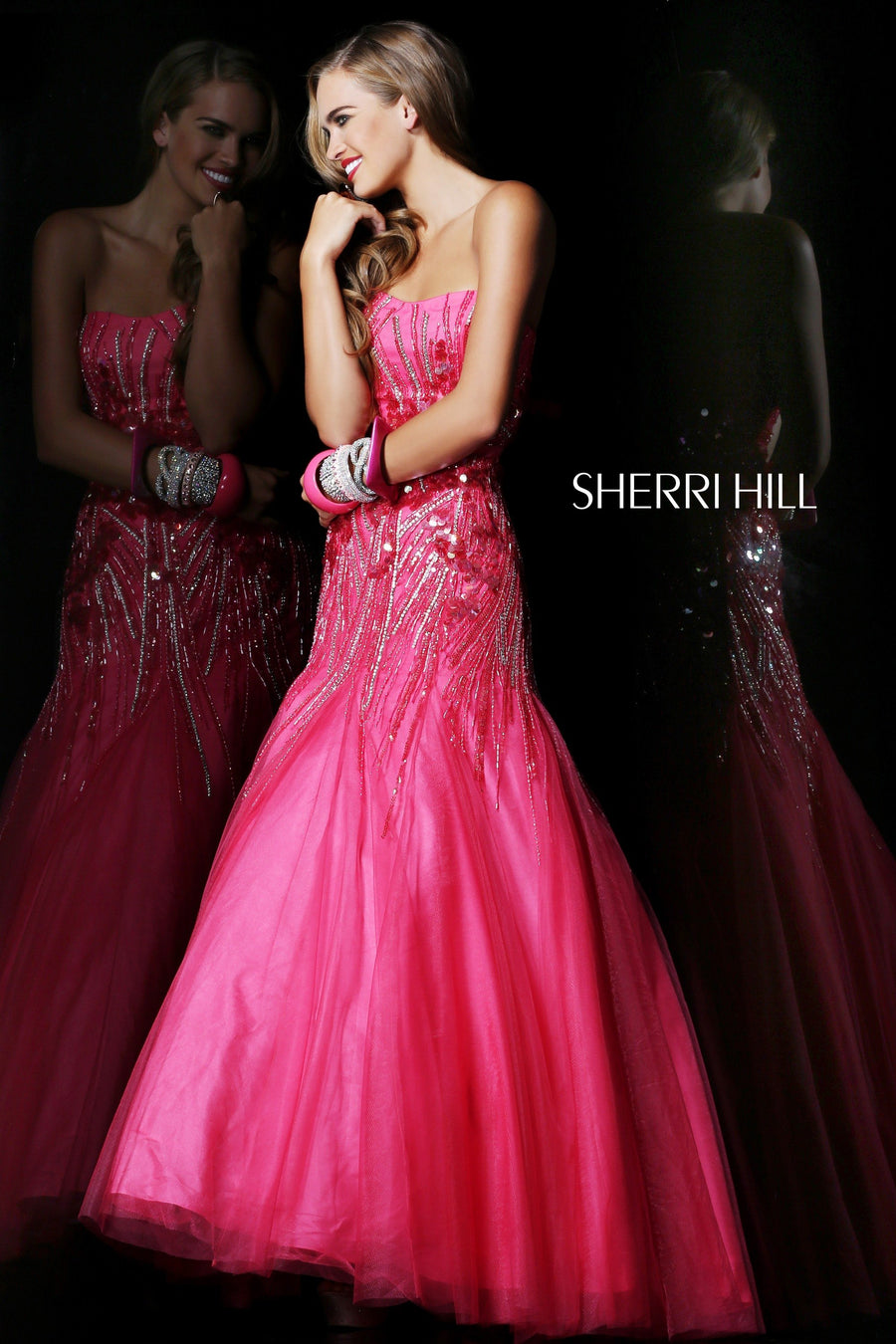 Sherri Hill style 21040 in coral, Strapless Beaded Tulle Gown