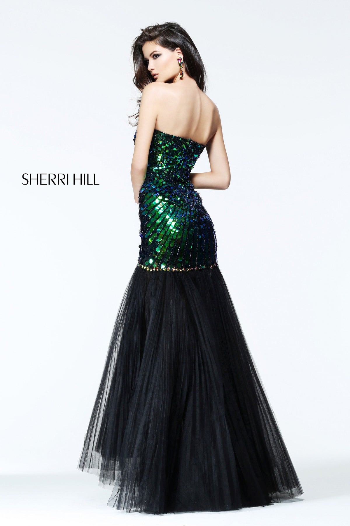 Sherri Hill 21060 strapless sequin mermaid gown with tulle skirt