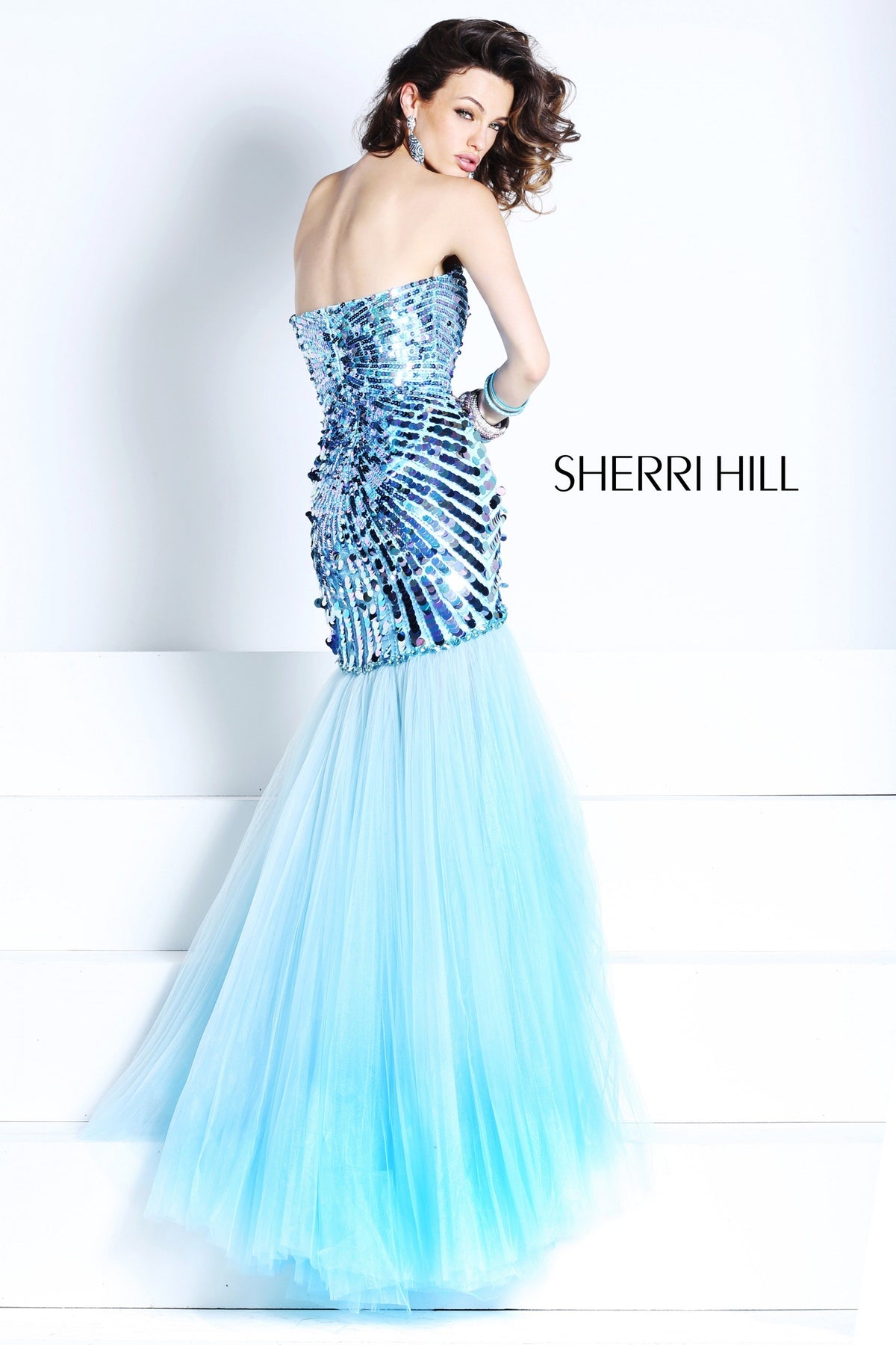 Sherri Hill 21060 strapless sequin mermaid gown with tulle skirt