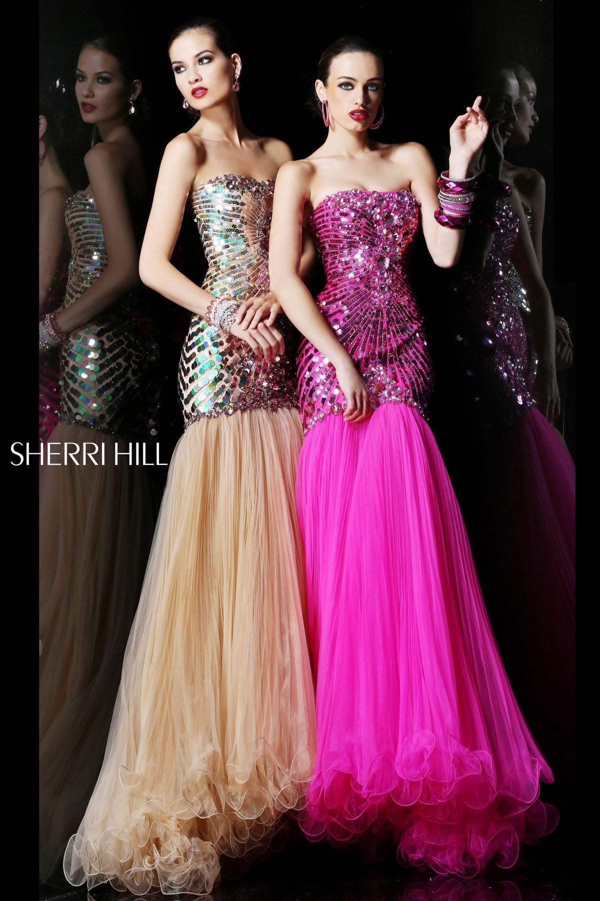 Sherri Hill 21060 strapless sequin mermaid gown with tulle skirt