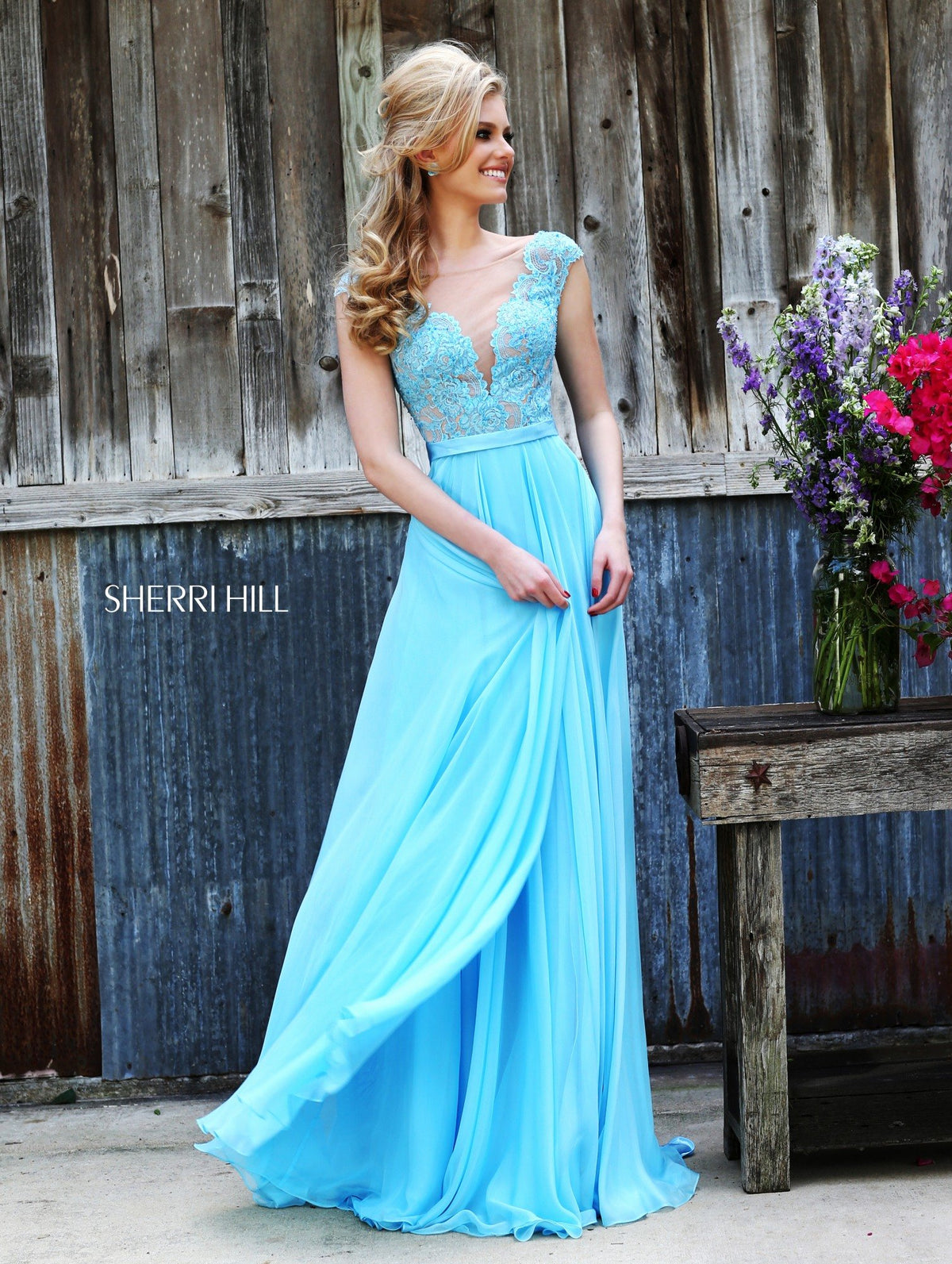 Sherri Hill 11269 cap-sleeve lace bodice chiffon gown in light blue