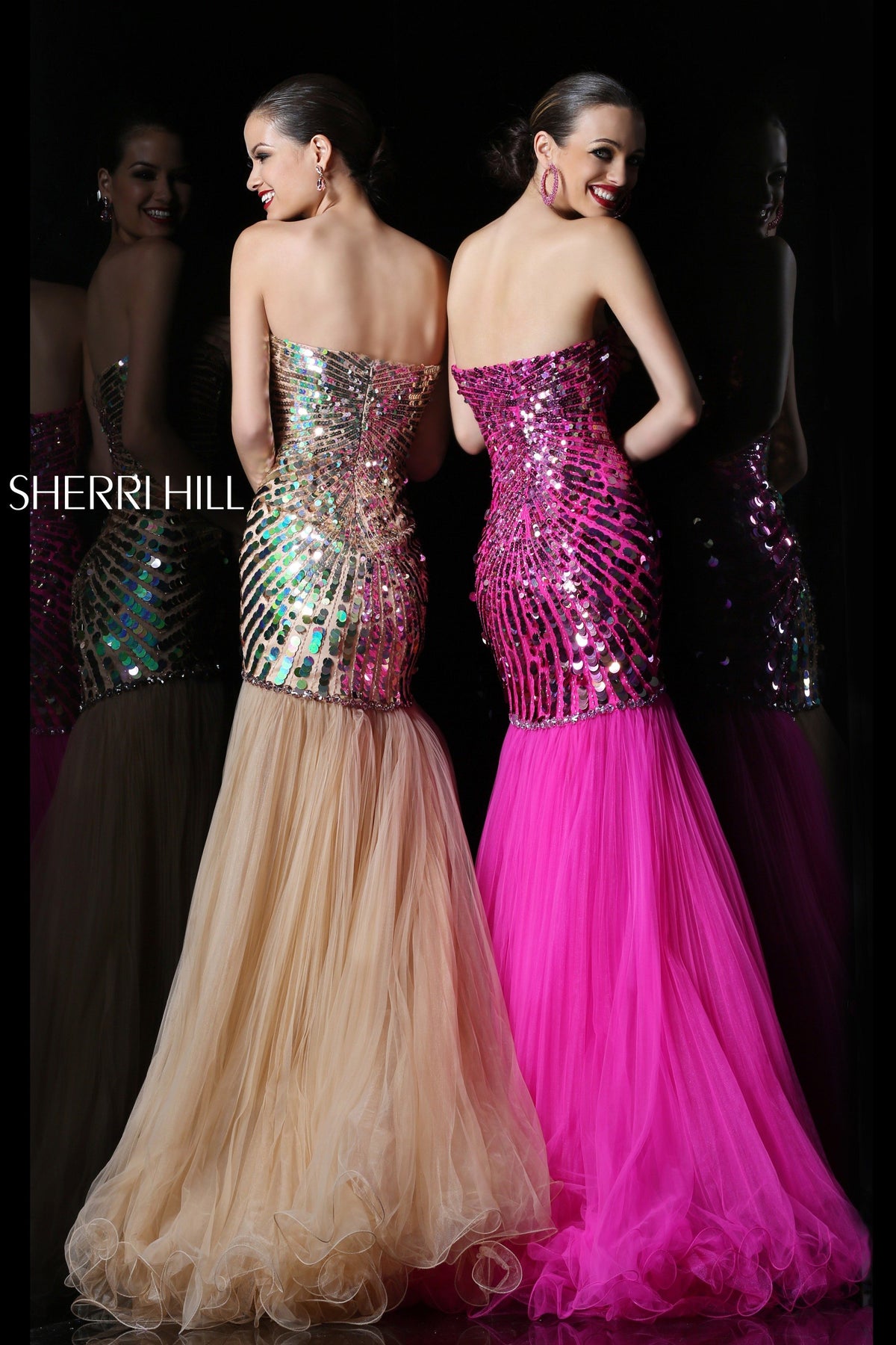 Sherri Hill 21060 strapless sequin mermaid gown with tulle skirt in nude/nude