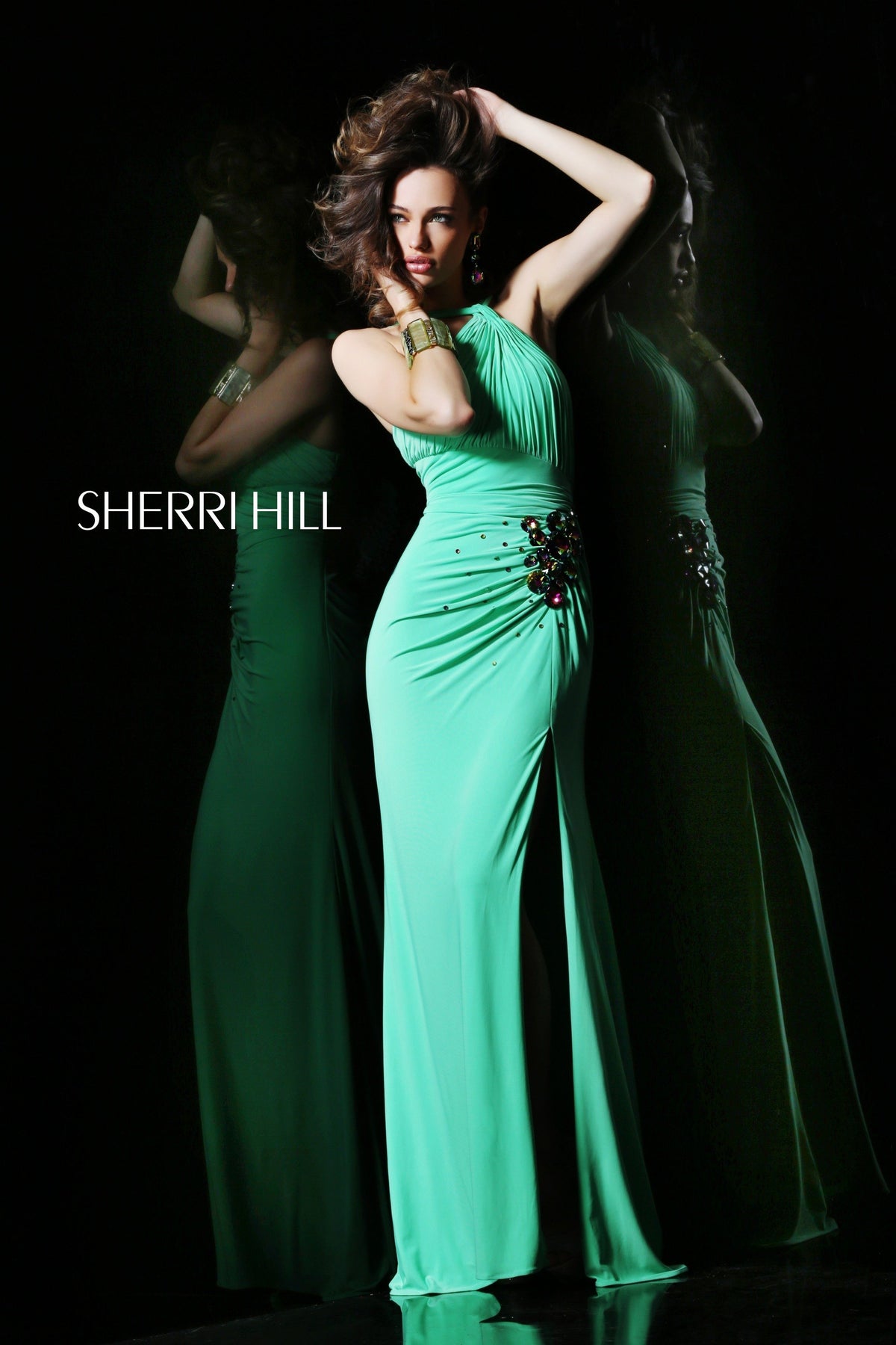 Sherri Hill 21065 one-shoulder jersey gown with slit
