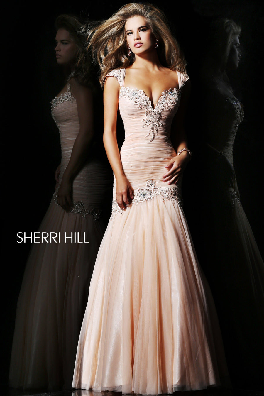 Sherri Hill style 21069 in peach, Sweetheart Beaded Mermaid Gown