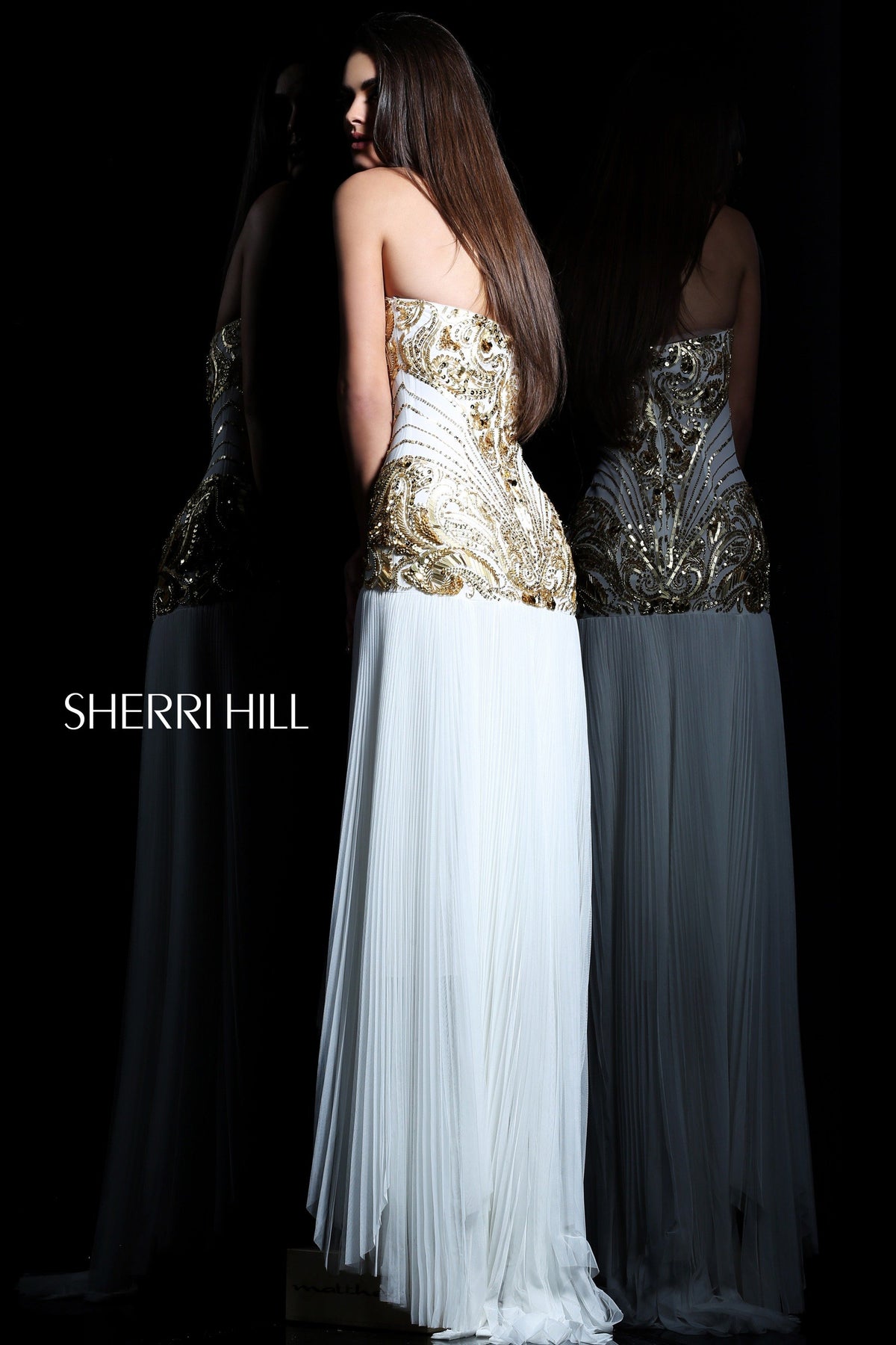 Sherri Hill 21070 beaded fitted gown in ivory/gold
