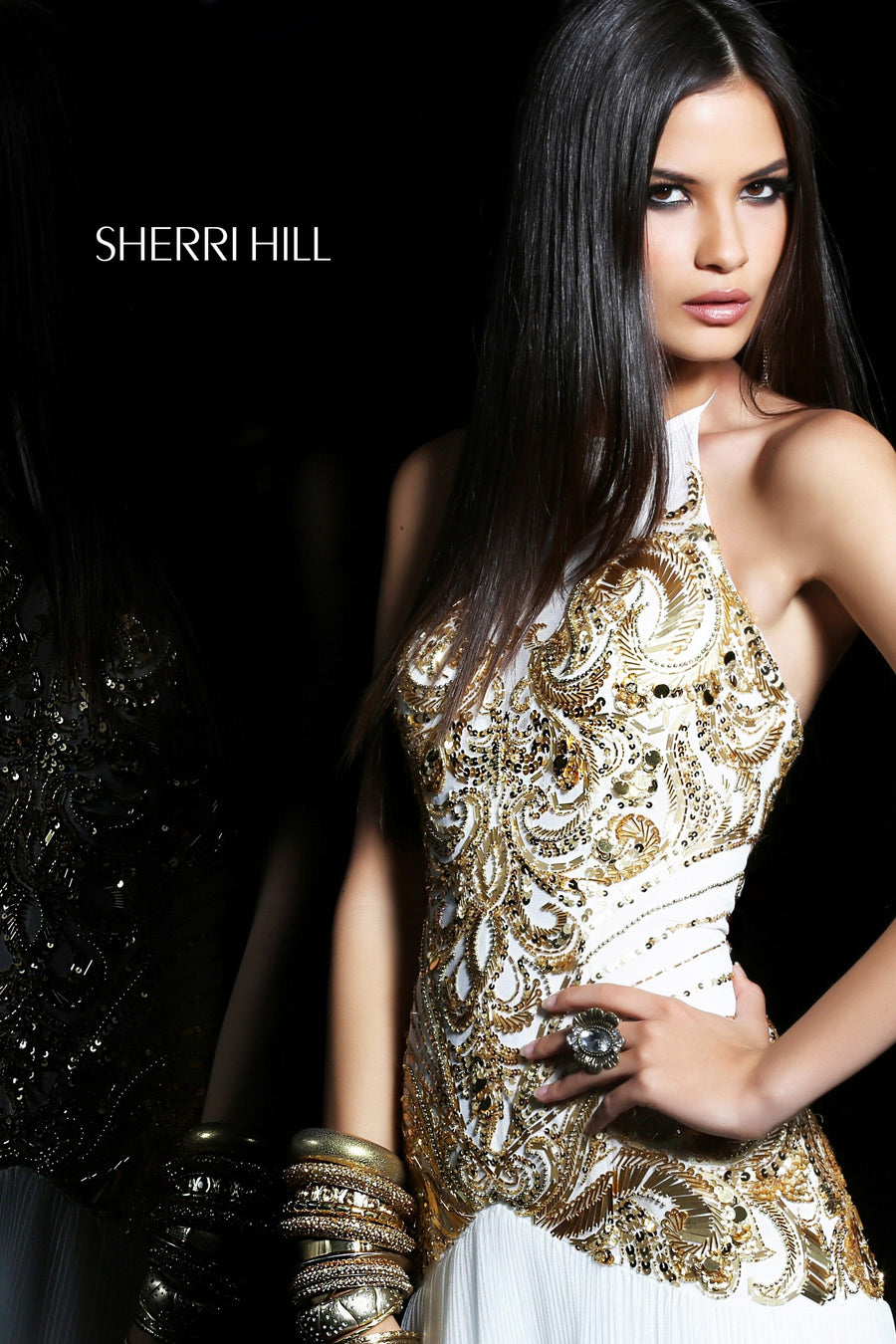 Sherri Hill style 21070 in ivory/gold, Beaded Fitted Gown