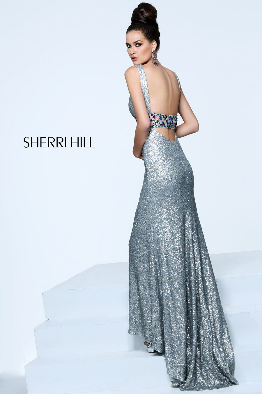 Sherri Hill style 21071 in nude/ab, Open-Back Sequin Fitted Gown