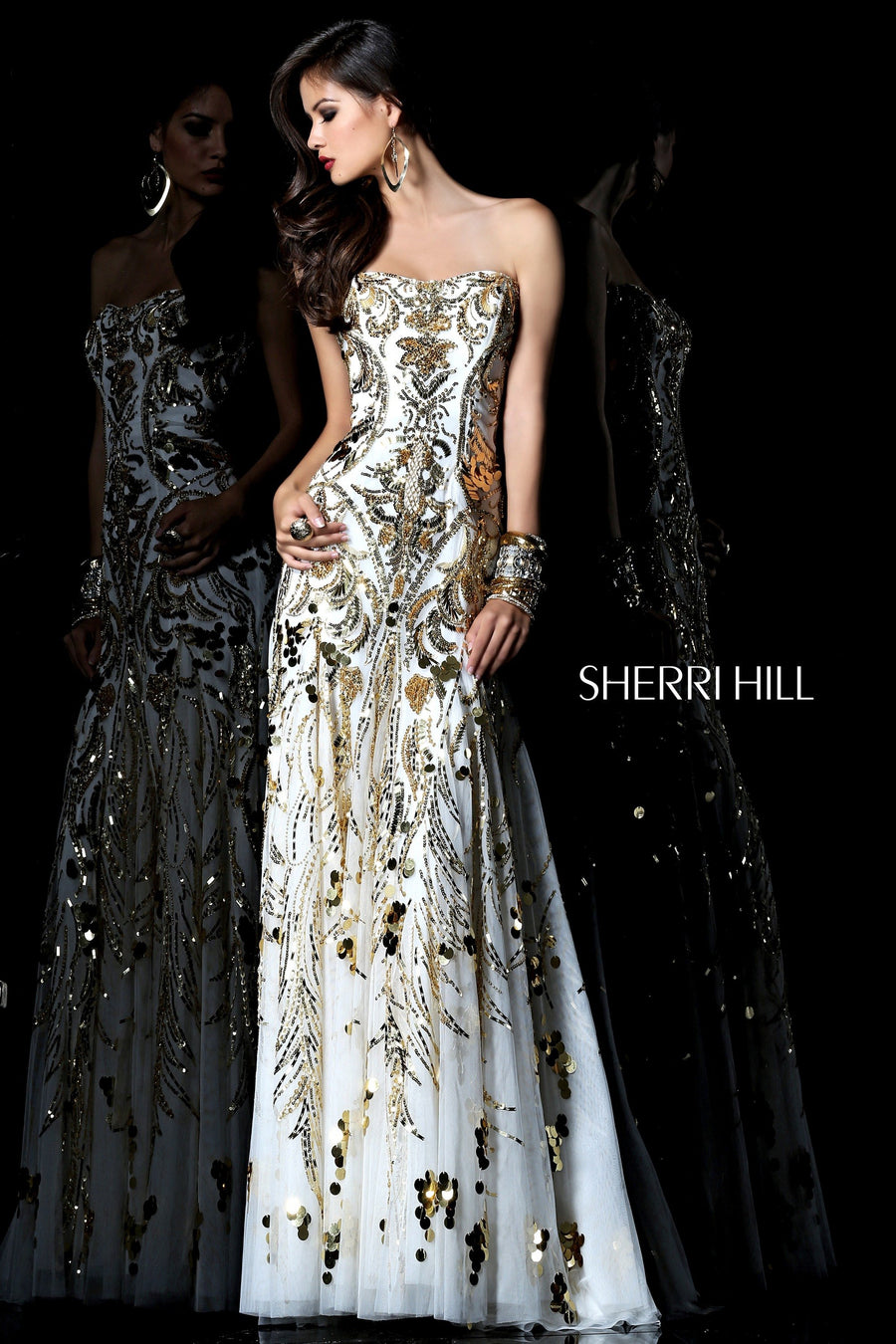Sherri Hill style 21077 in ivory/gold, Strapless Beaded Fitted Gown