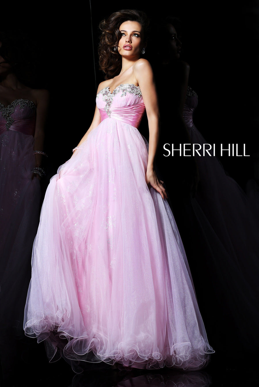 Sherri Hill style 21085 in pink, Strapless Tulle Gown with Beaded Waist