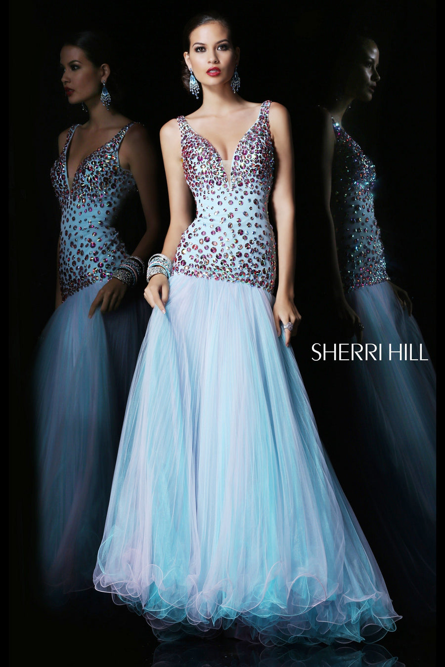 Sherri Hill style 21091 in pink/aqua, V-Neck Beaded Tulle Gown