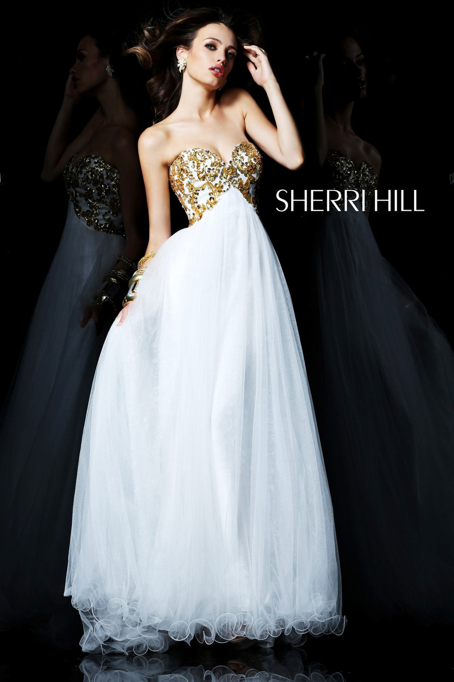 Sherri Hill style 21090 in ivory/gold, Strapless Beaded Bodice Tulle Gown