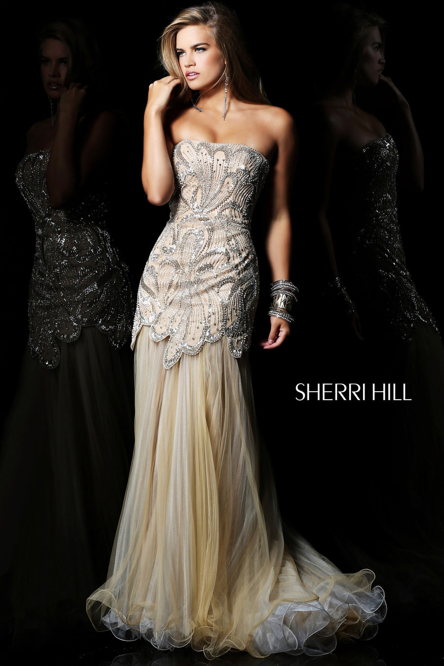 Sherri Hill style 21096 in nude/silver, Strapless Beaded Mermaid Gown