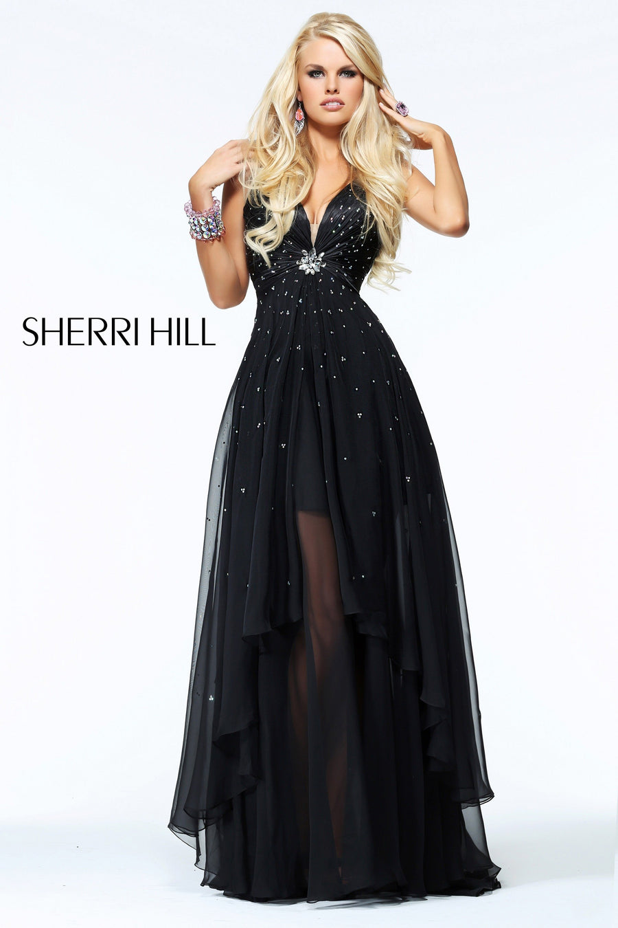 Sherri Hill style 21102 in black, Strapless Beaded Gown with Sheer Overskirt