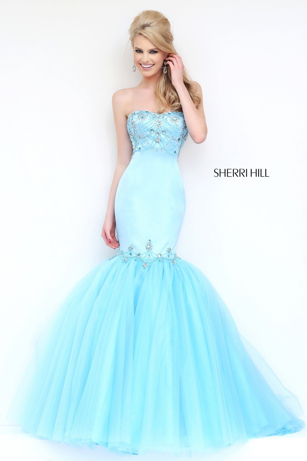 Sherri Hill 32152 strapless beaded mermaid gown with tulle skirt in light blue