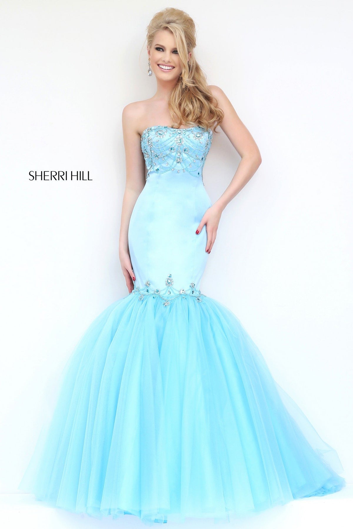 Sherri Hill 32152 strapless beaded mermaid gown with tulle skirt