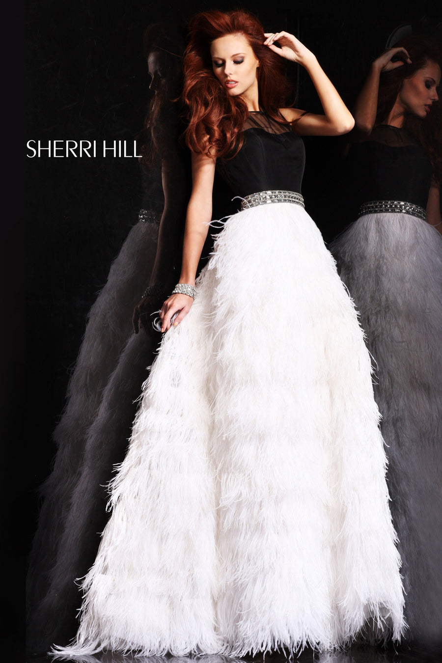 Sherri Hill style 21006 in black/ivory, Strapless Ball Gown with Feather Skirt