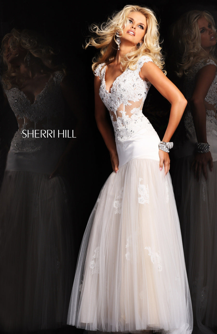 Sherri Hill style 21012 in ivory/nude, Strapless Beaded Tulle Gown