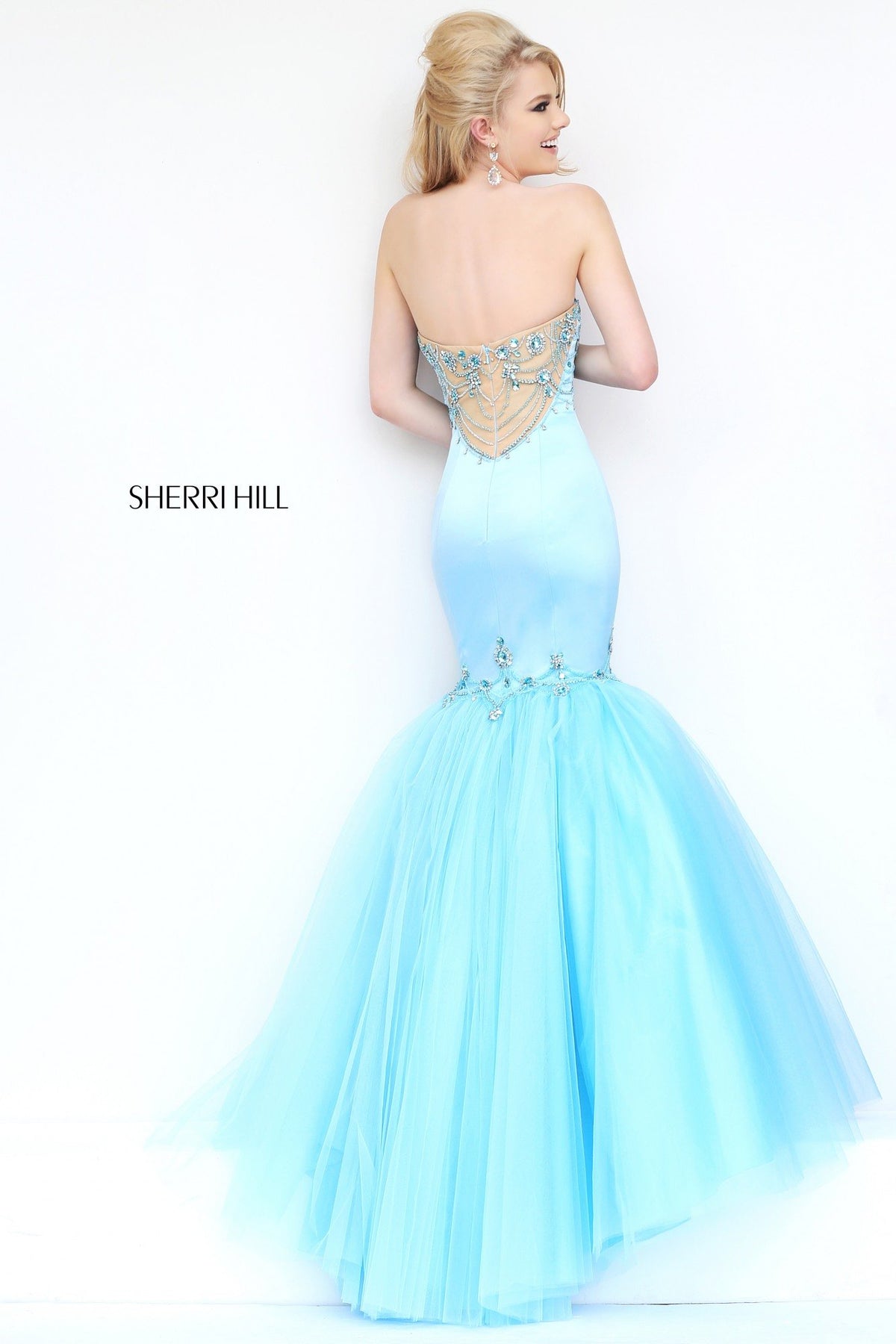 Sherri Hill 32152 strapless beaded mermaid gown with tulle skirt