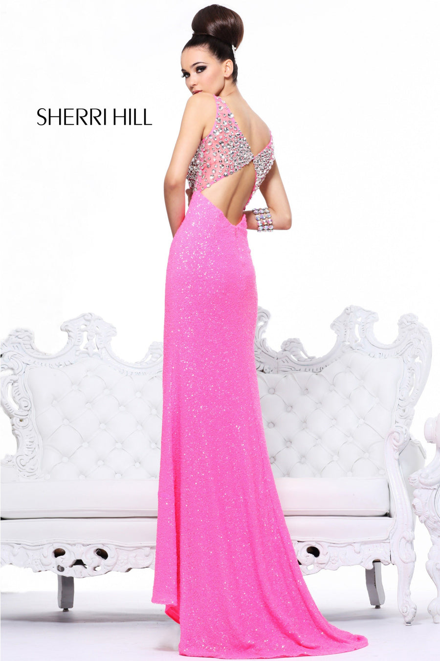 Sherri Hill style 21043 in silver, Open-Back Fitted Jersey Gown