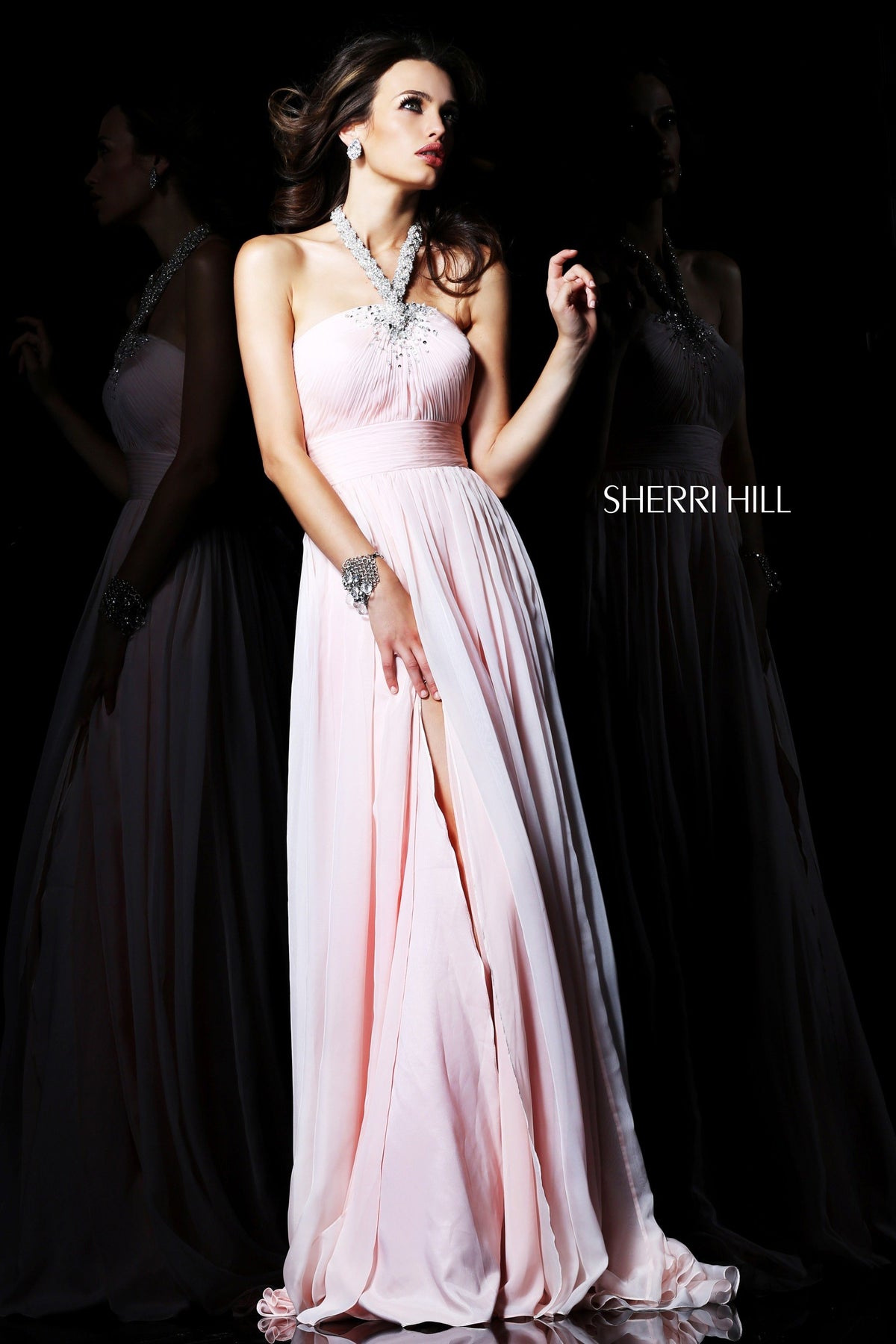 Sherri Hill 1906 one-shoulder chiffon gown with slit in blush