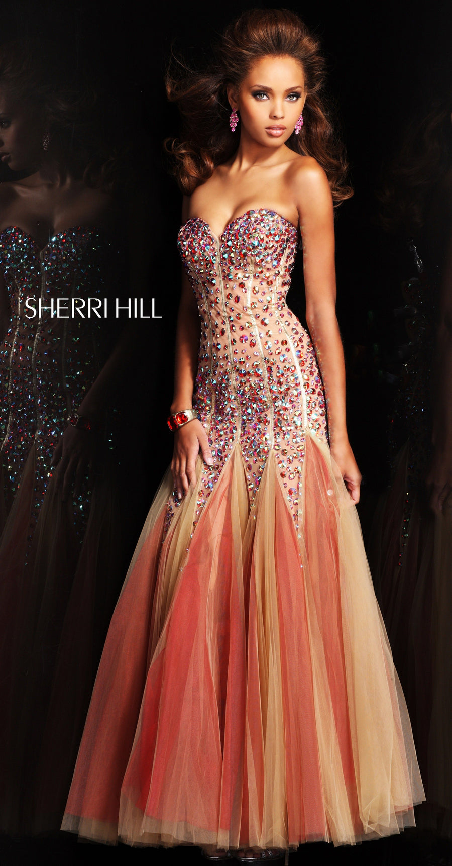 Sherri Hill style 21108 in nude/red, Strapless Beaded Gown with Tulle Skirt
