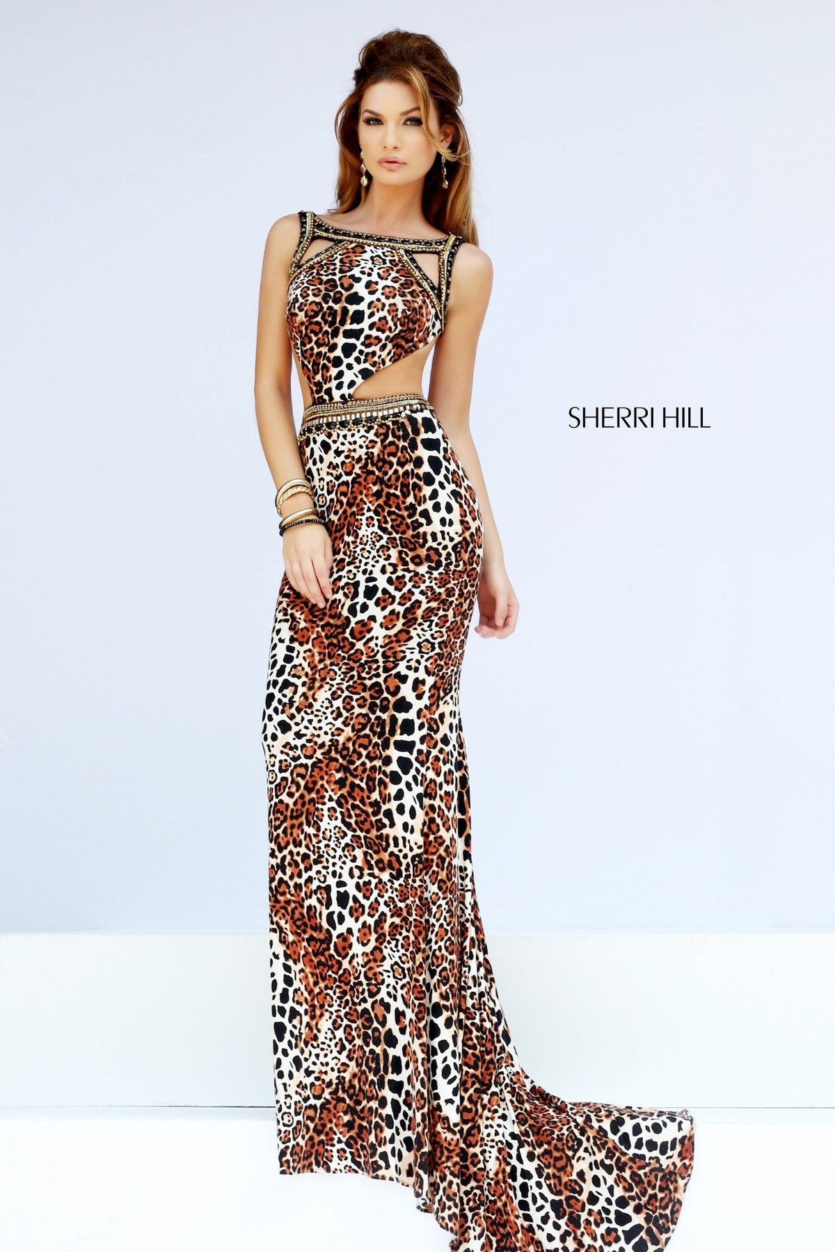 Sherri Hill 32199 animal print fitted gown with cutouts in leopard