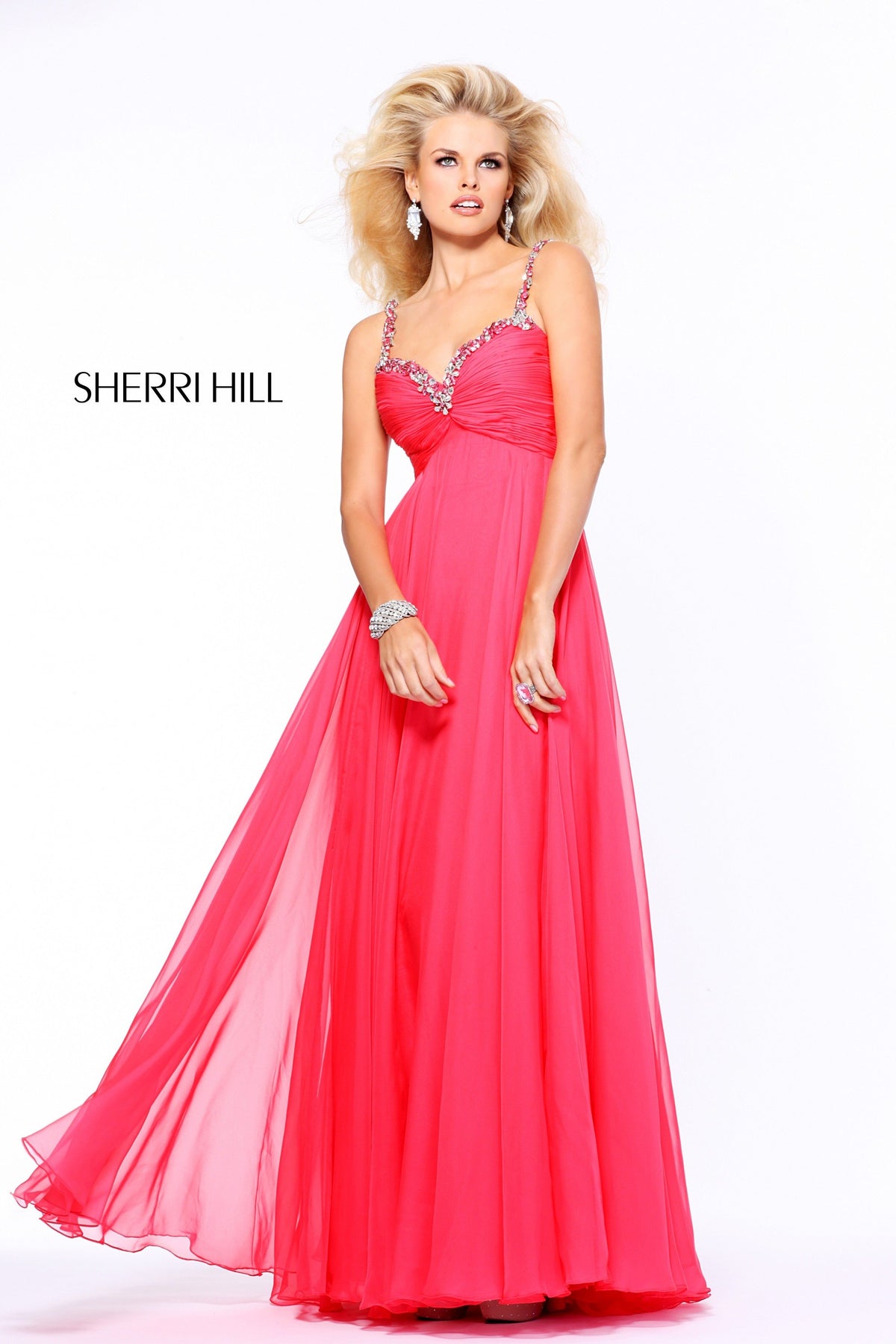 Sherri Hill 11014 beaded strap chiffon gown in strawberry