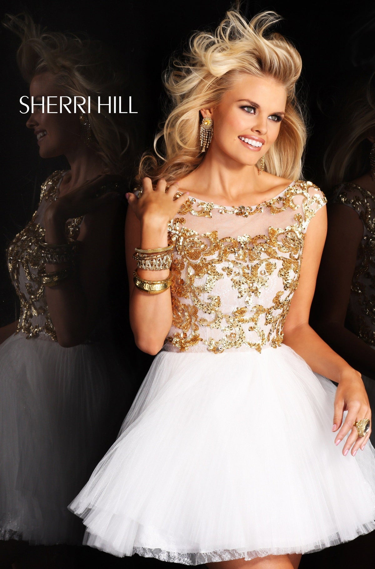 Sherri Hill 21032 cap-sleeve lace cocktail dress in ivory/gold