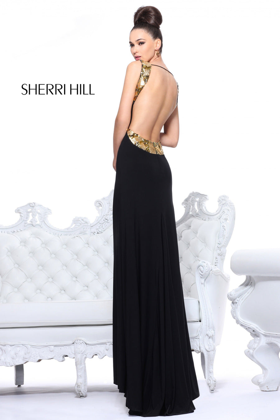 Sherri Hill style 1592 in ivory/gold, Open-Back Fitted Jersey Gown