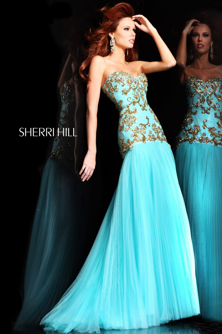 Sherri Hill style 2973 in aqua/gold, Strapless Beaded Gown with Tulle Skirt