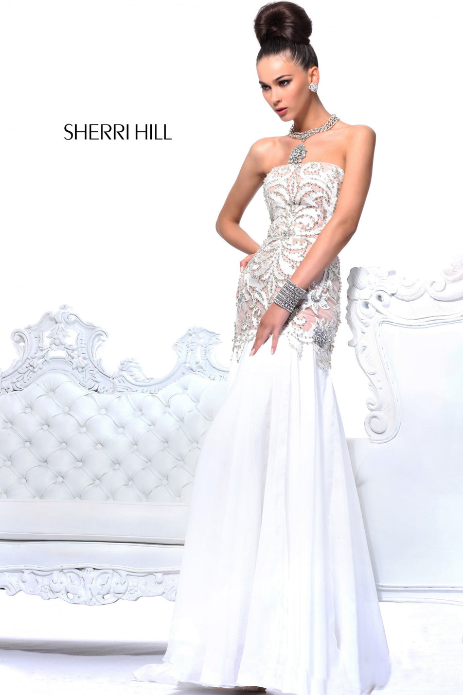 Sherri Hill style 21041 in ivory, Strapless Beaded Mermaid Gown
