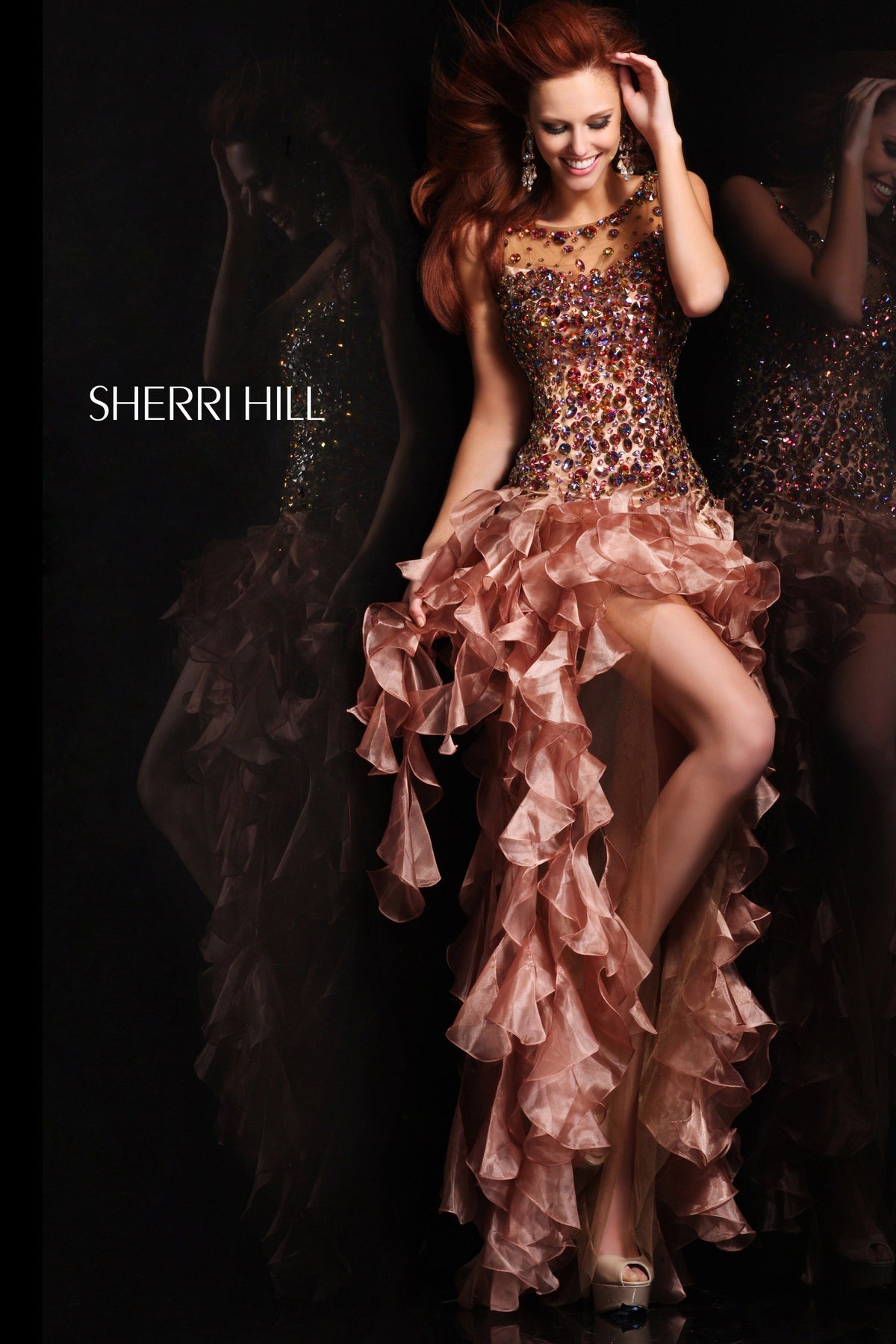 Sherri Hill 21117 strapless beaded high-low dress with ruffled skirt in copper/multi