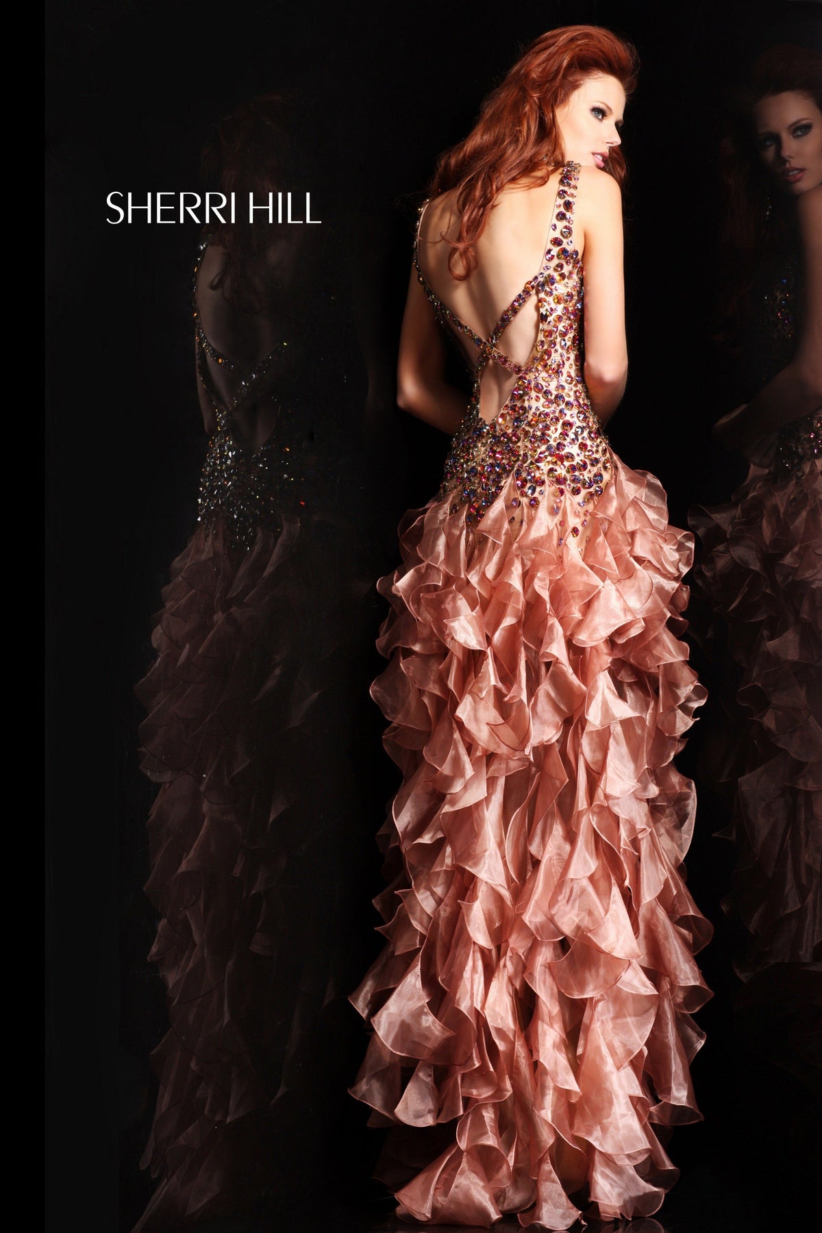 Sherri Hill 21117 strapless beaded high-low dress with ruffled skirt in copper/multi