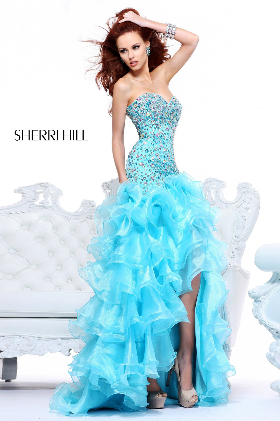 Sherri Hill style 21127 in pink, Strapless Beaded Gown with Ruffled Skirt