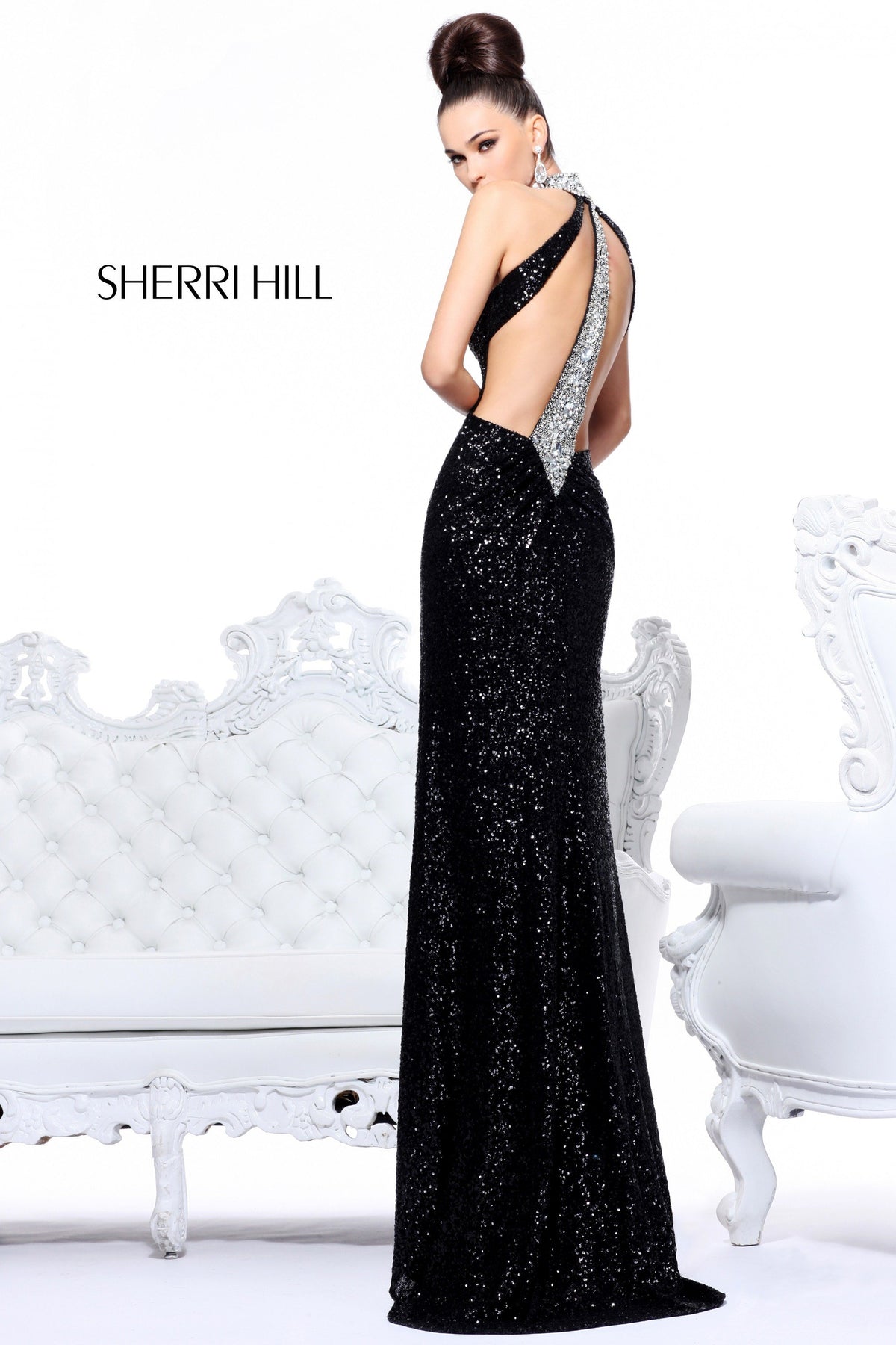 Sherri Hill 21129 open-back sequin fitted gown in black/silver