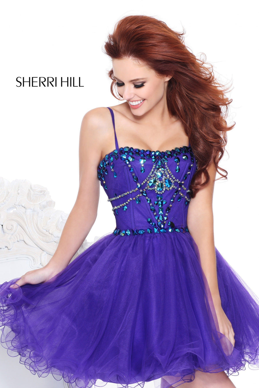 Sherri Hill style 21001 in ivory/multi, Beaded Cocktail Dress with Tulle Skirt