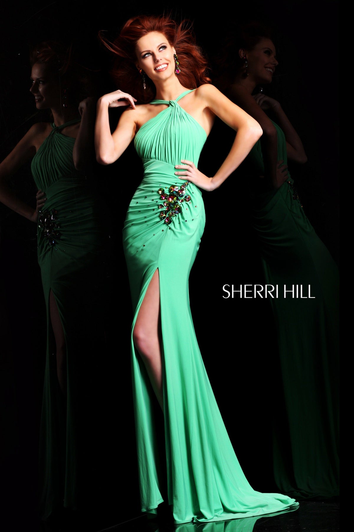 Sherri Hill 21065 one-shoulder jersey gown with slit