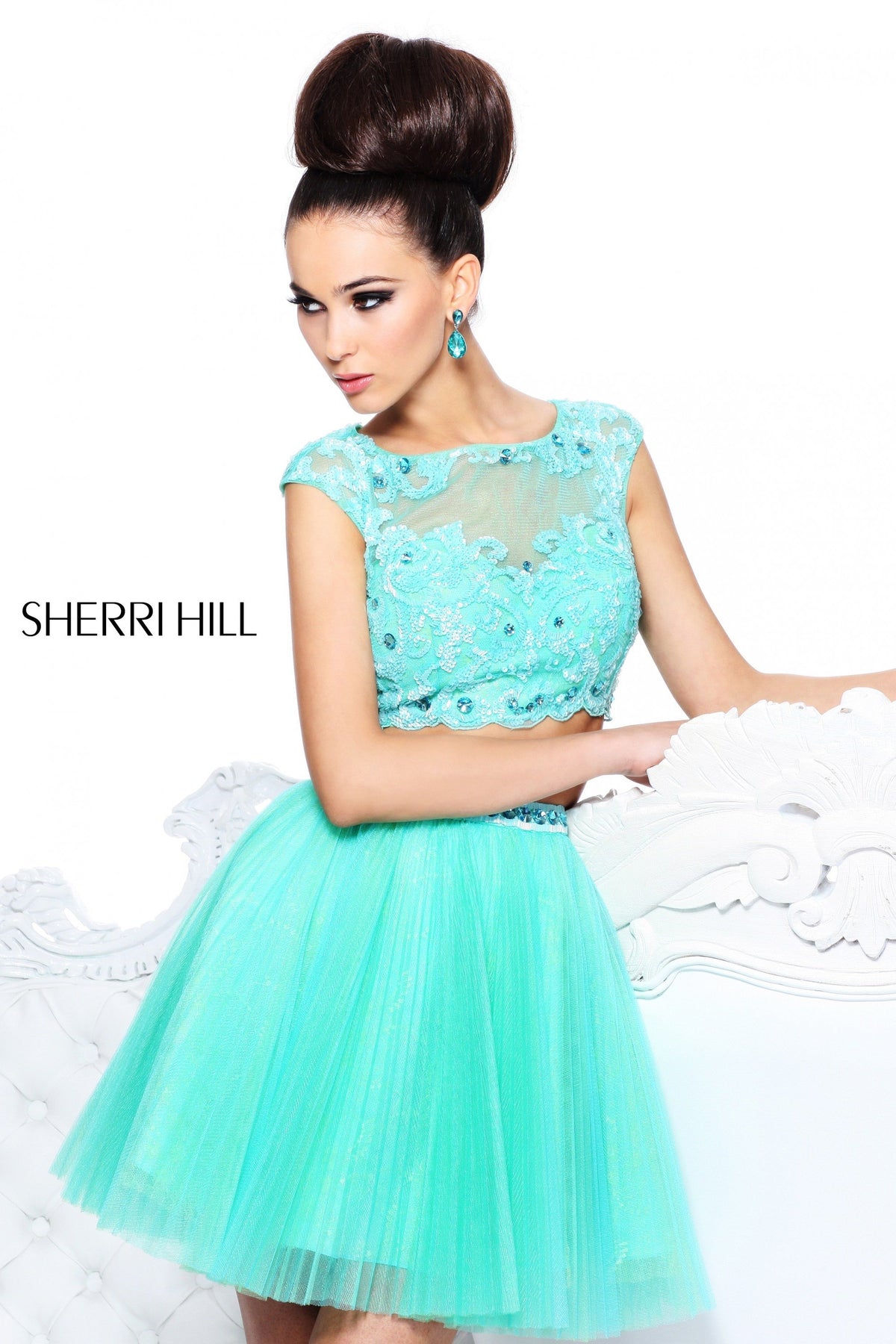 Sherri Hill 21154 two-piece beaded cocktail dress in aqua/light green