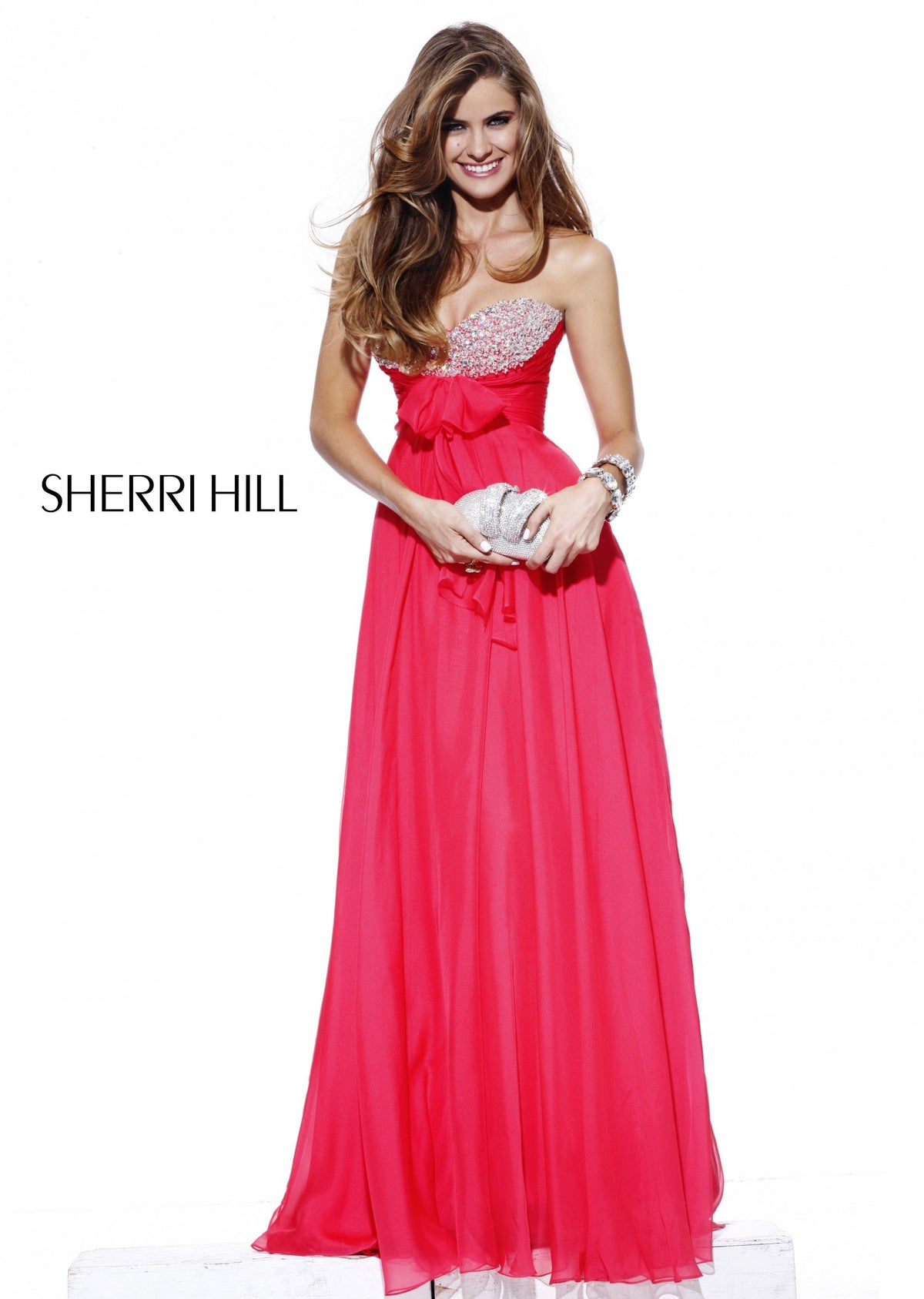 Sherri Hill 2873 beaded bodice chiffon gown in watermelon