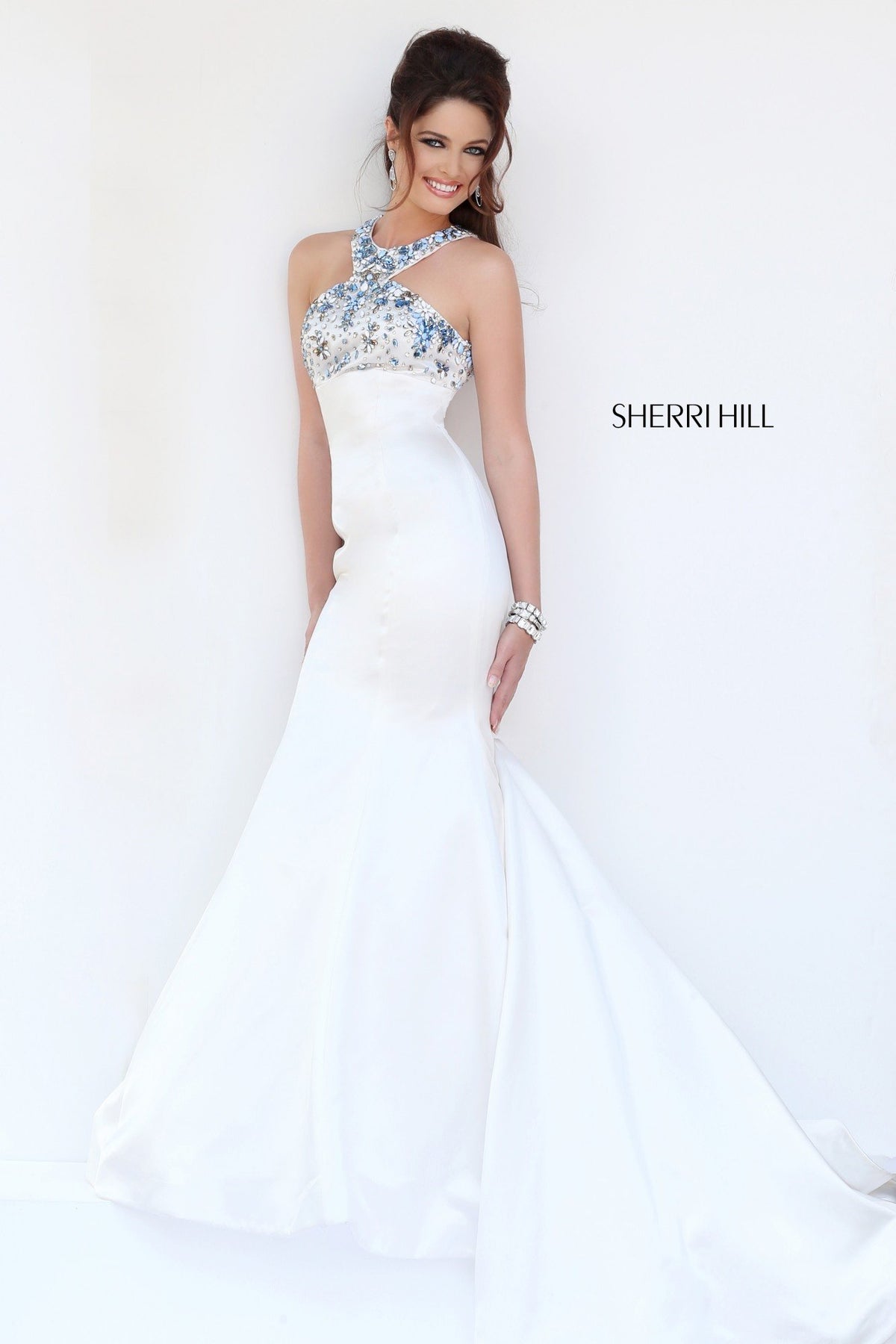 Sherri Hill 32153 halter beaded satin mermaid gown in nude