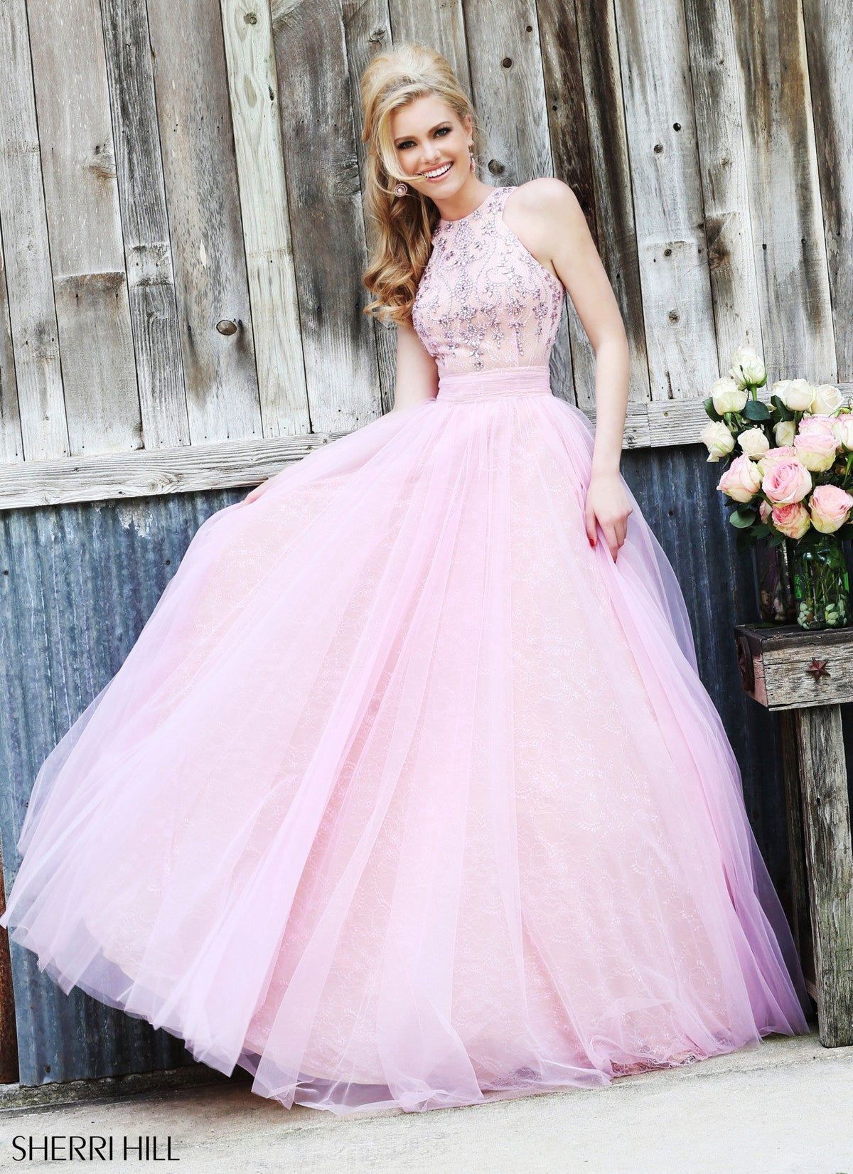 Sherri Hill 32218 strapless tulle ball gown in pink