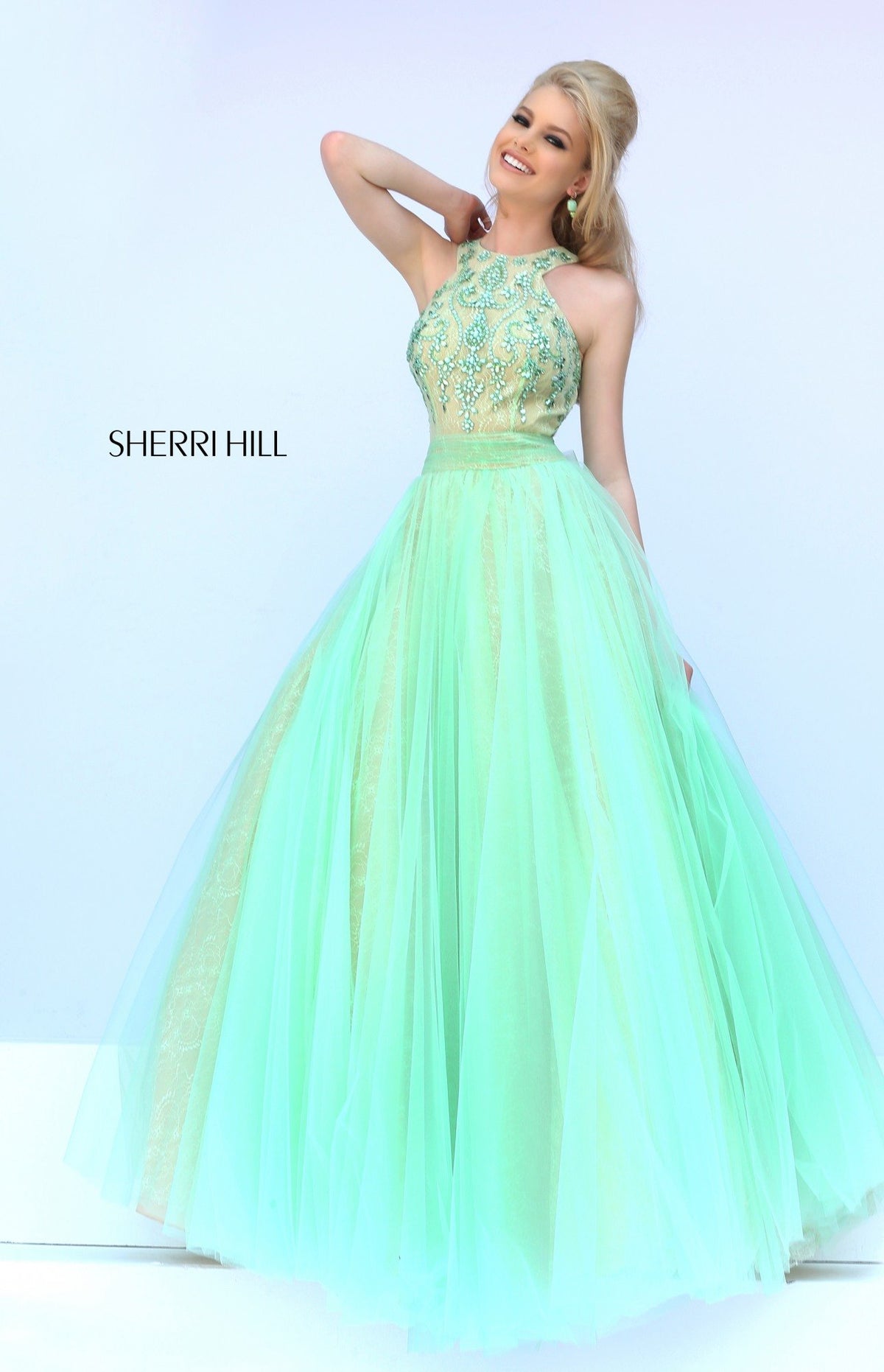 Sherri Hill 32218 strapless tulle ball gown in light green
