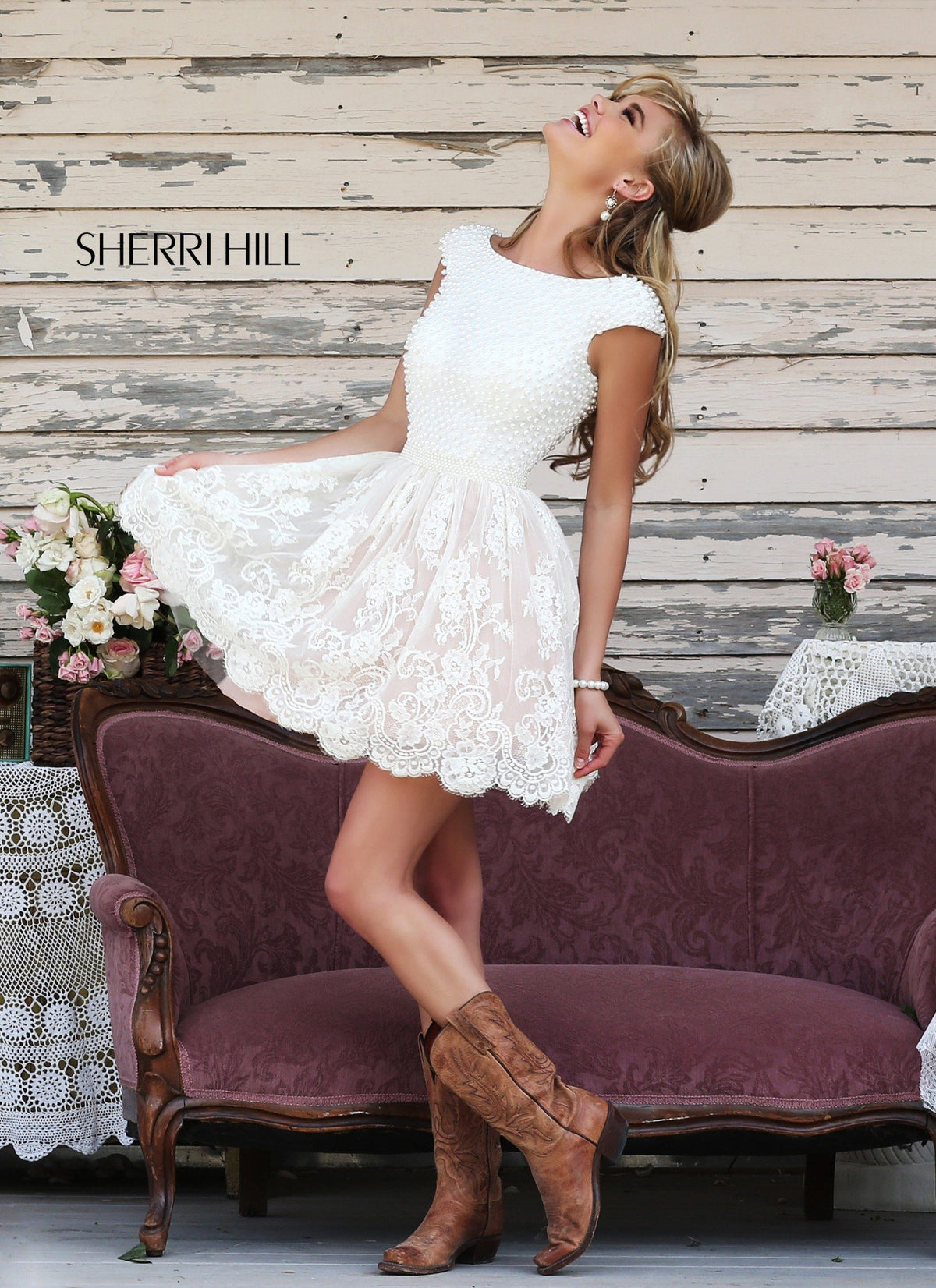 Sherri Hill 32257 cap-sleeve lace cocktail dress in ivory/nude