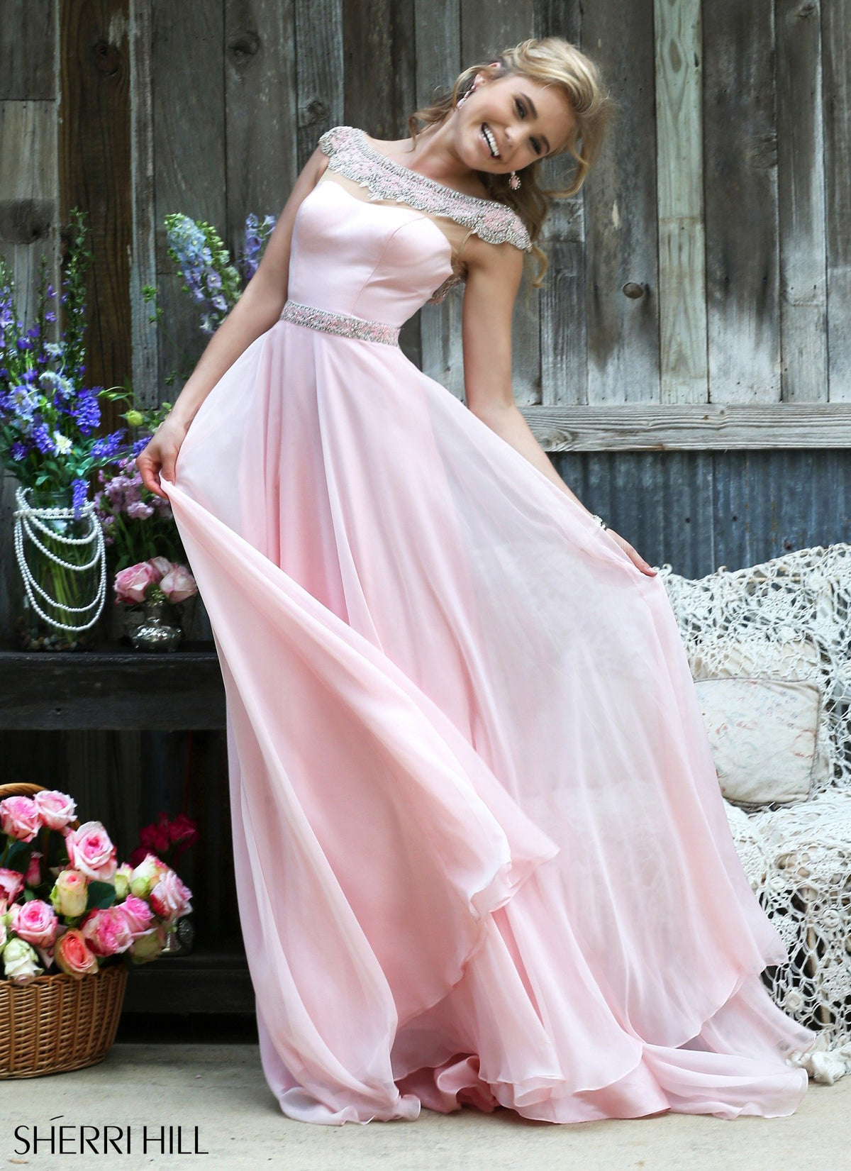 Sherri Hill 32220 strapless chiffon gown with beaded neckline in blush