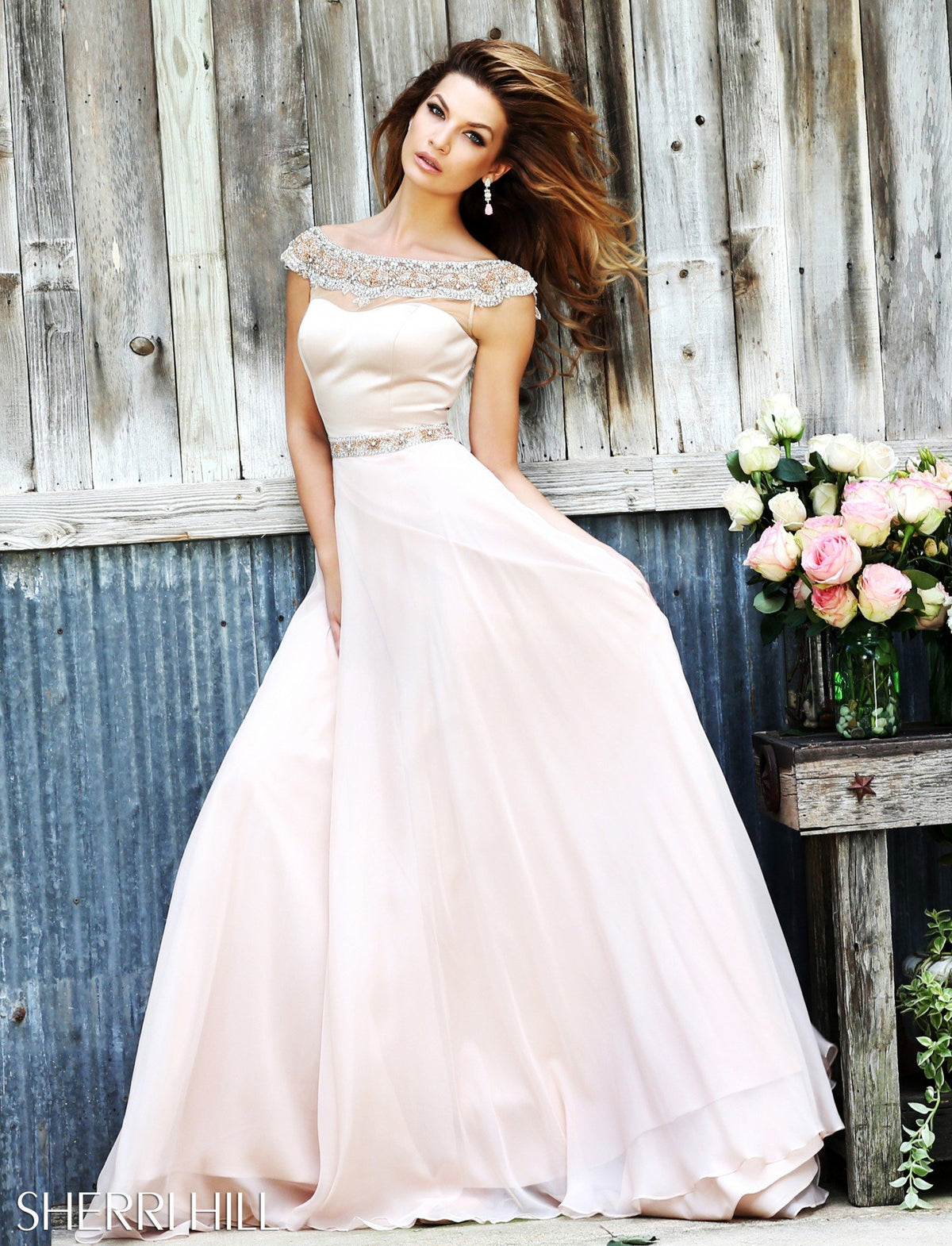 Sherri Hill 32220 strapless chiffon gown with beaded neckline in nude