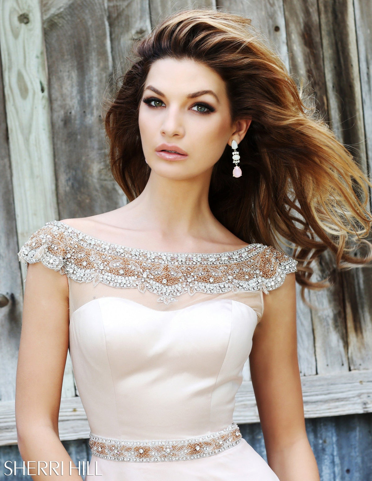 Sherri Hill 32220 strapless chiffon gown with beaded neckline